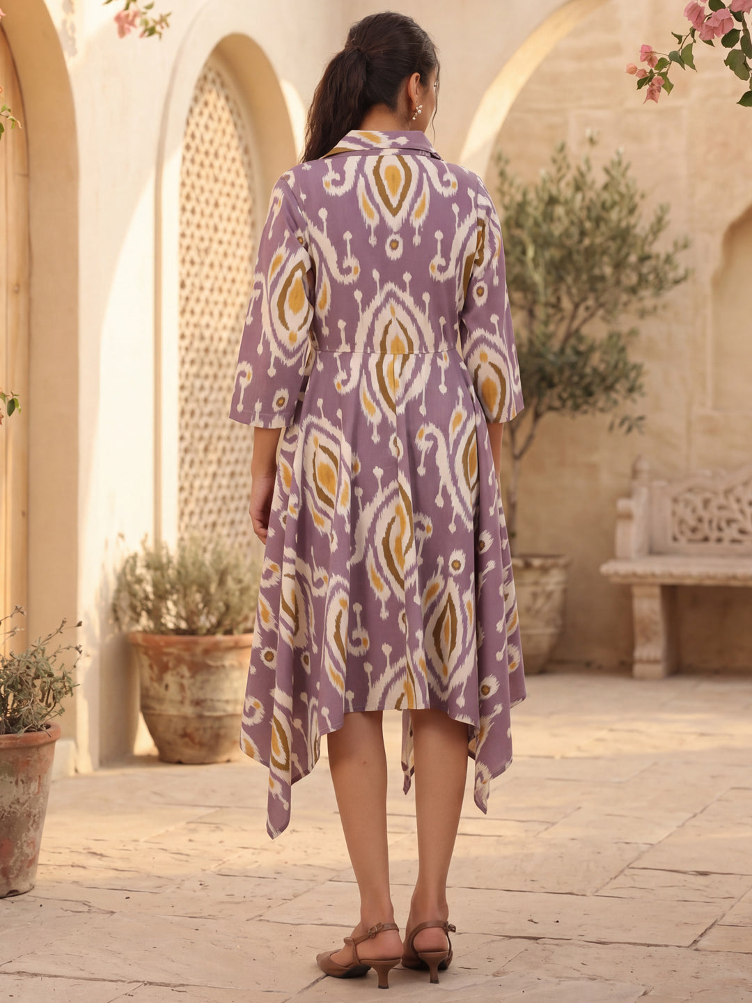 Womens Printed Shirt Collar Fit & Flare Ethnic Dresses