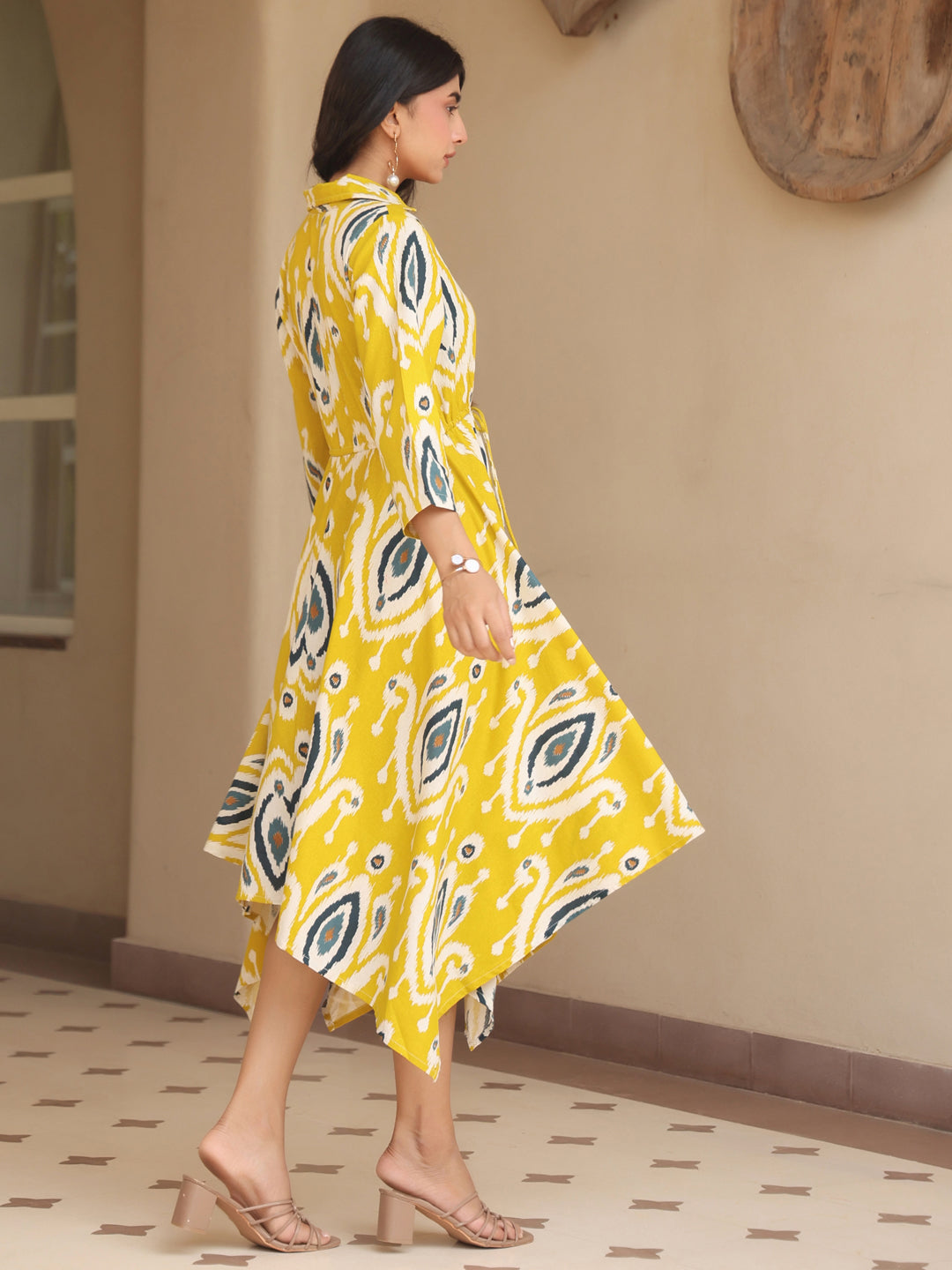 Womens Printed Shirt Collar Fit & Flare Ethnic Dresses