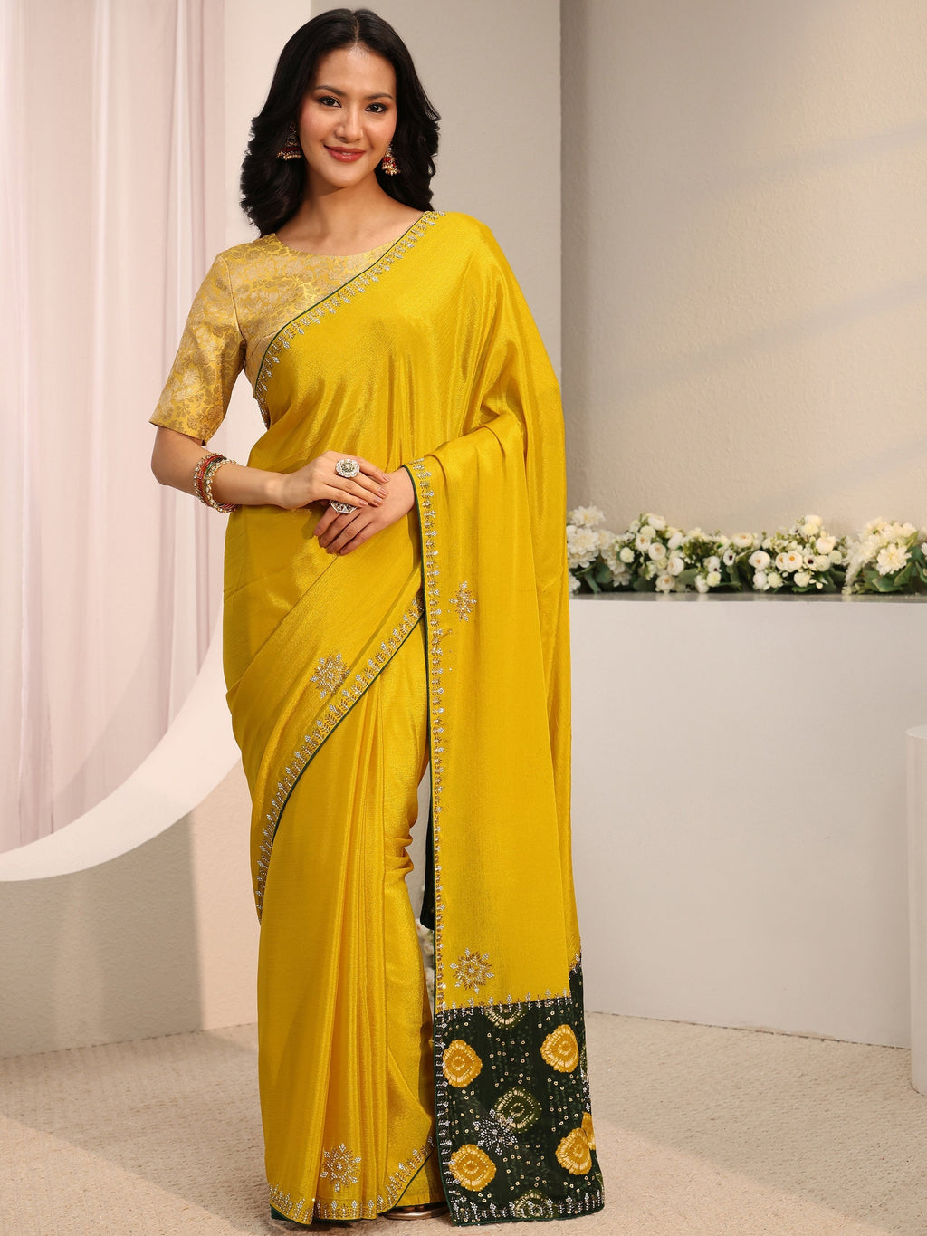 Mustard Embellished Chinon Saree With Unstitched Blouse Piece