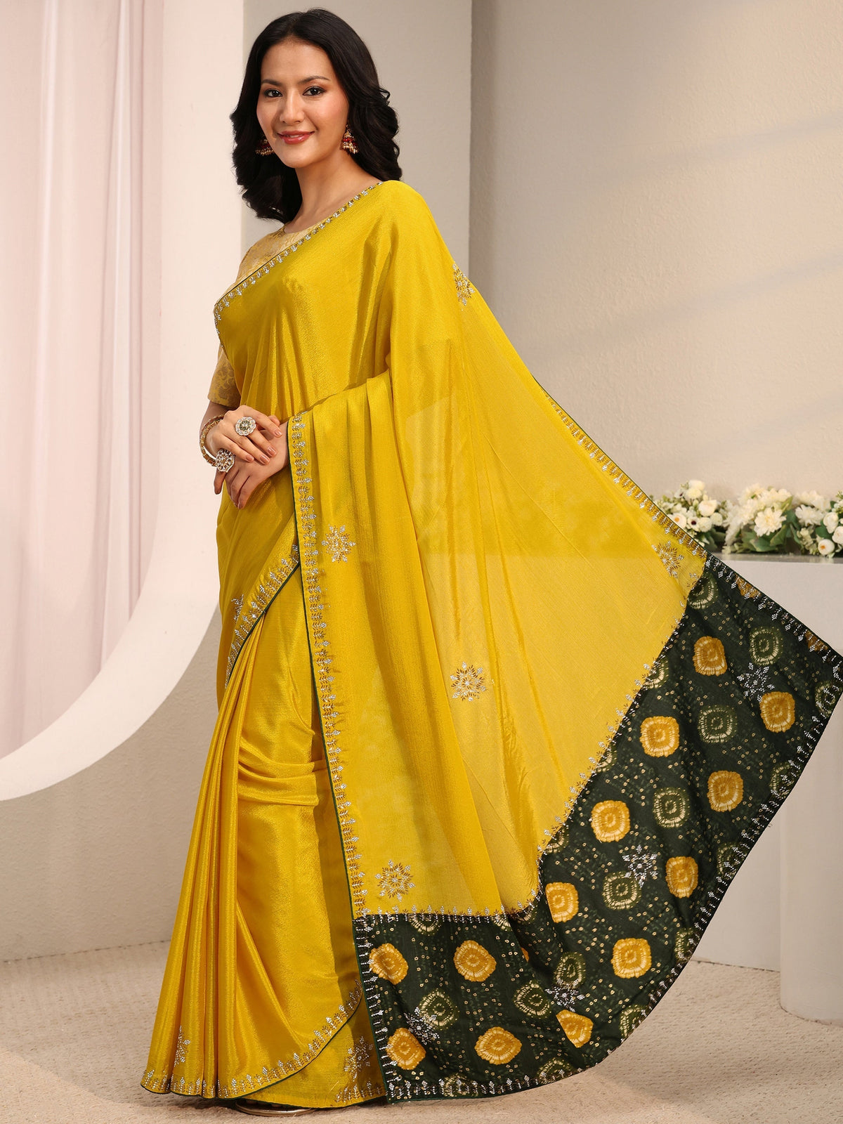 Mustard Embellished Chinon Saree With Unstitched Blouse Piece