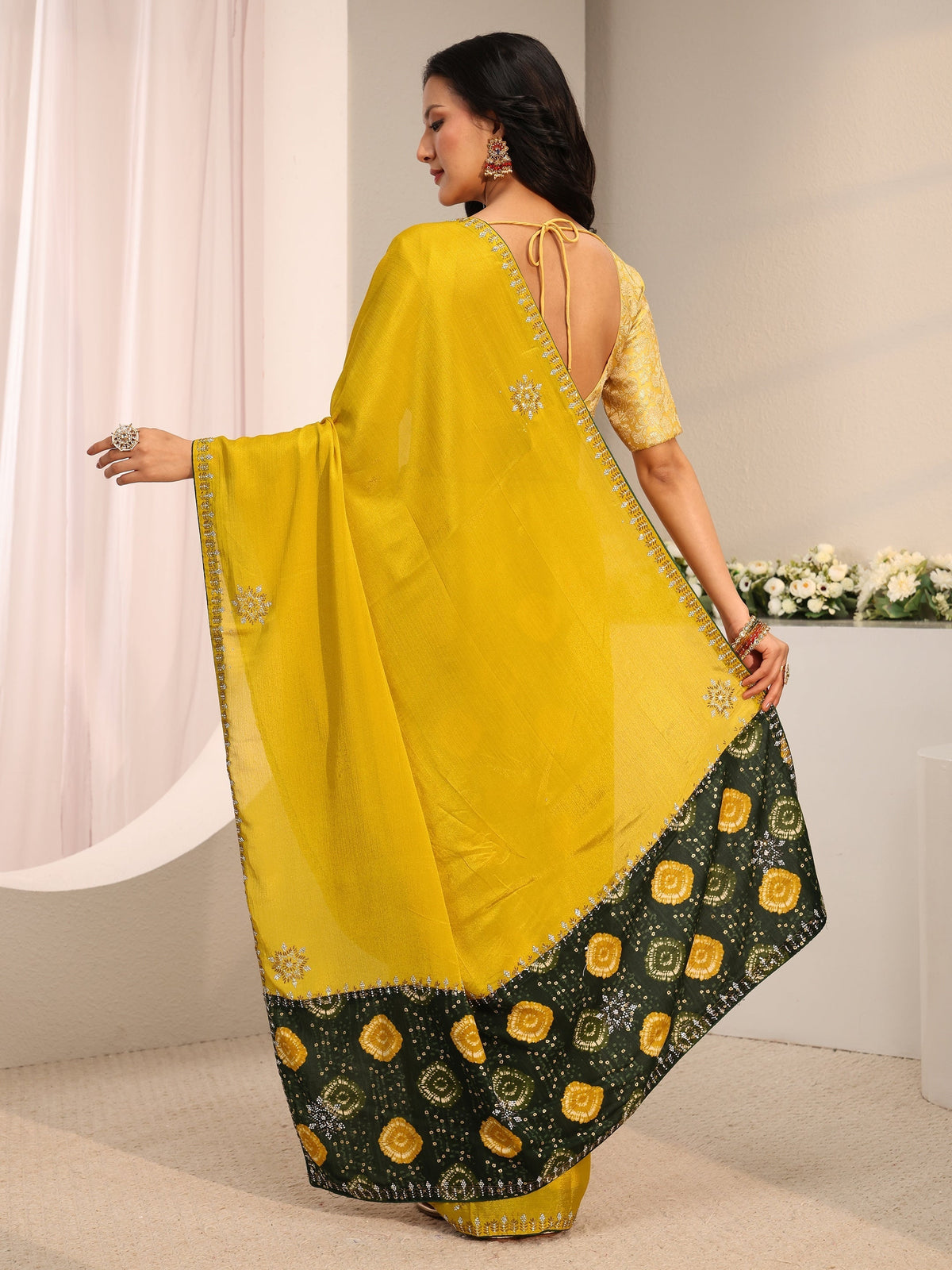 Mustard Embellished Chinon Saree With Unstitched Blouse Piece