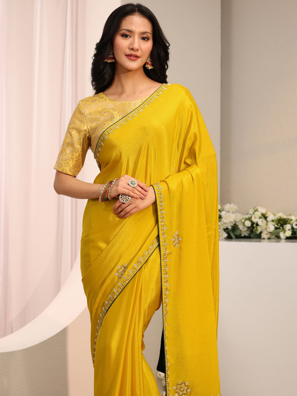 Mustard Embellished Chinon Saree With Unstitched Blouse Piece