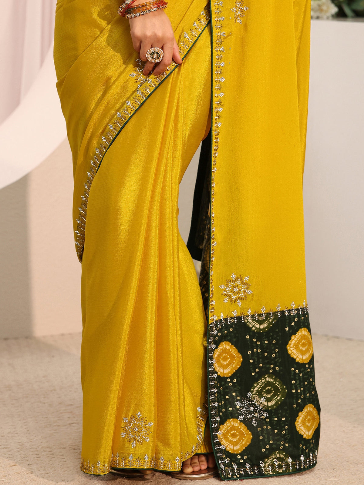 Mustard Embellished Chinon Saree With Unstitched Blouse Piece