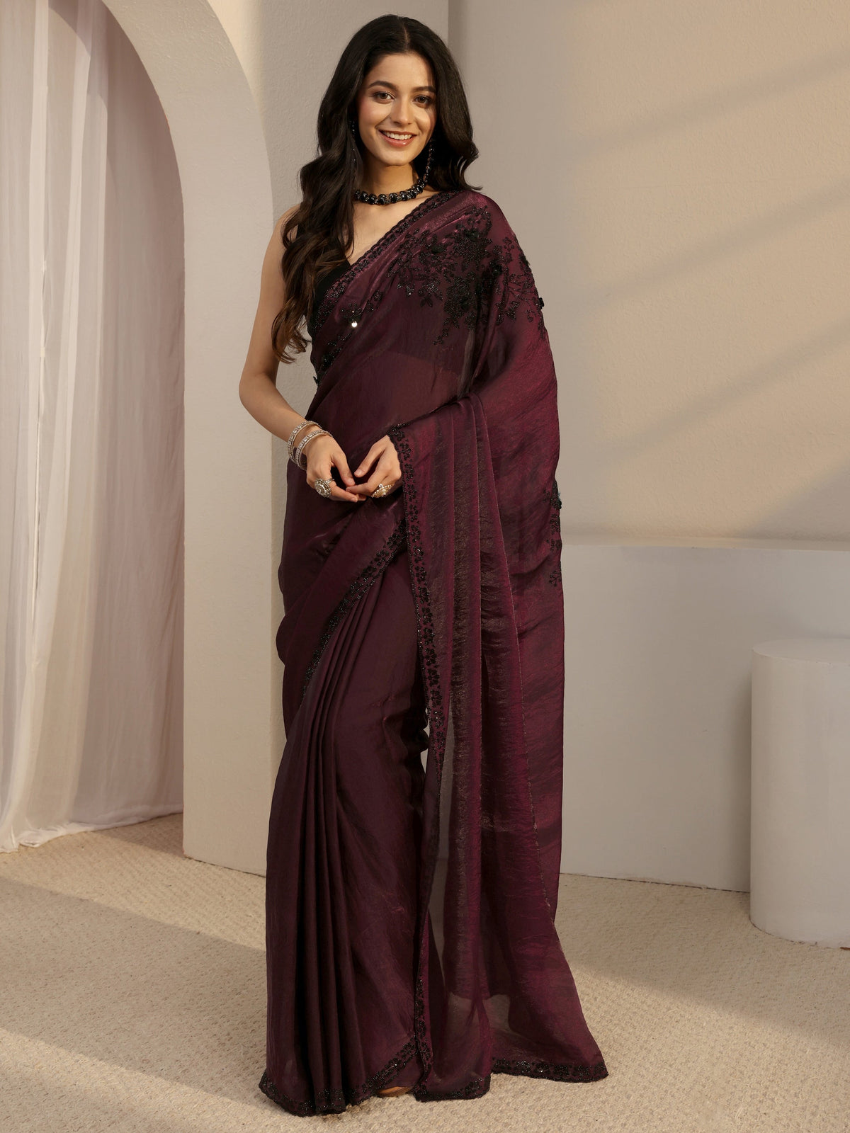 Burgundy Embellished Tissue Saree With Unstiched Blouse Piece