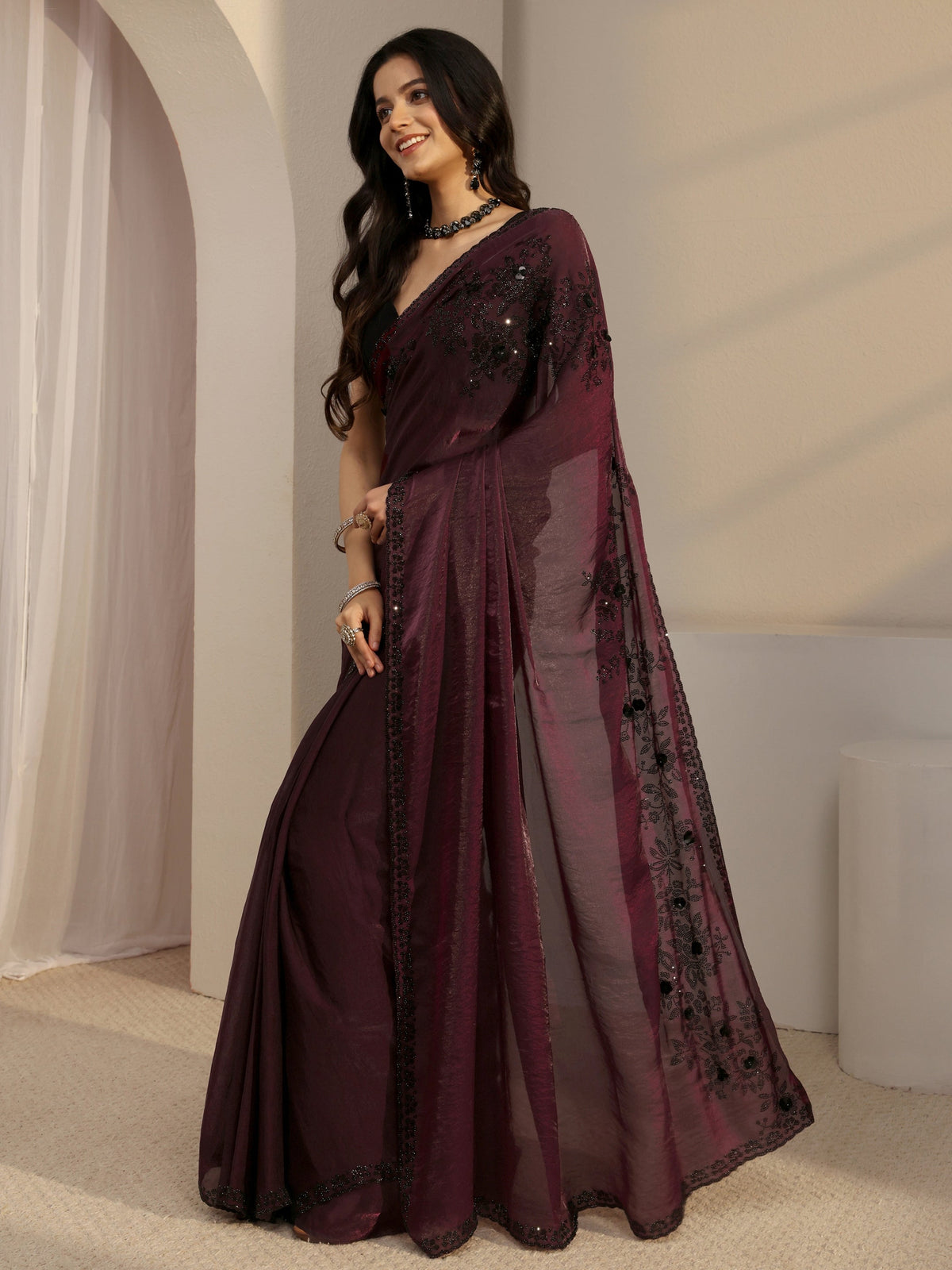 Burgundy Embellished Tissue Saree With Unstiched Blouse Piece