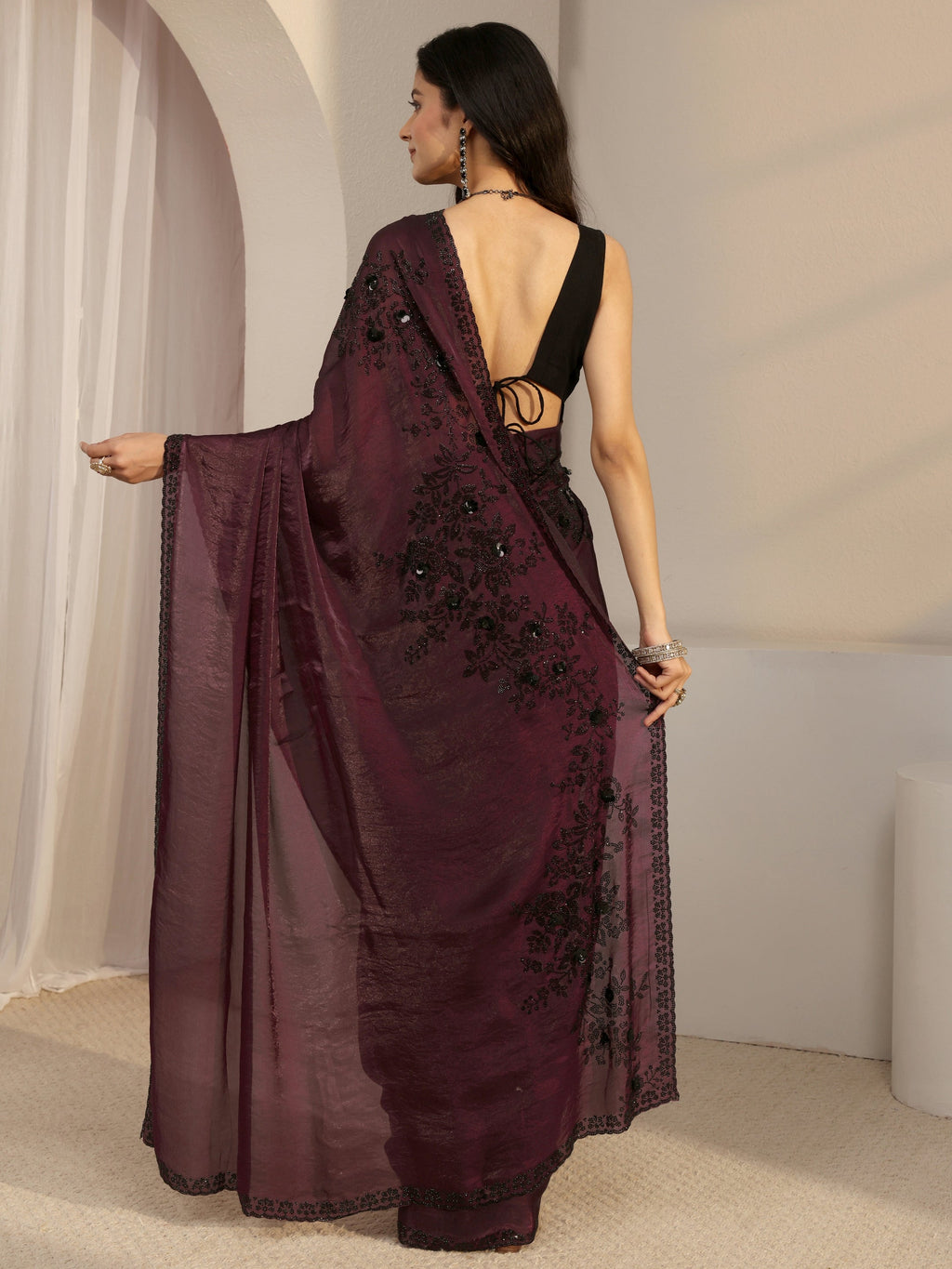 Burgundy Embellished Tissue Saree With Unstiched Blouse Piece