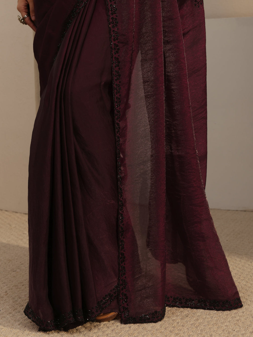 Burgundy Embellished Tissue Saree With Unstiched Blouse Piece