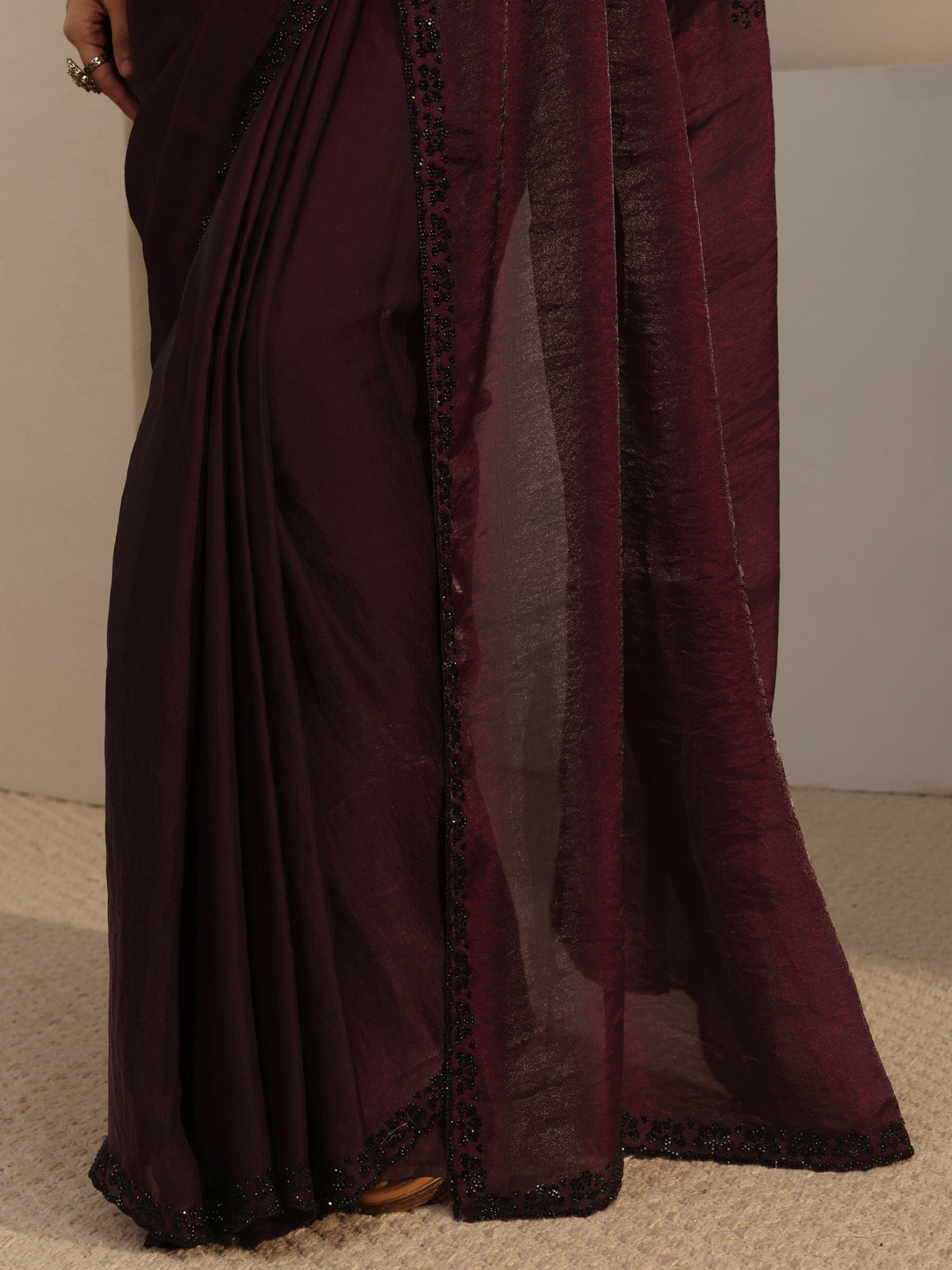 Burgundy Embellished Tissue Saree With Unstiched Blouse Piece