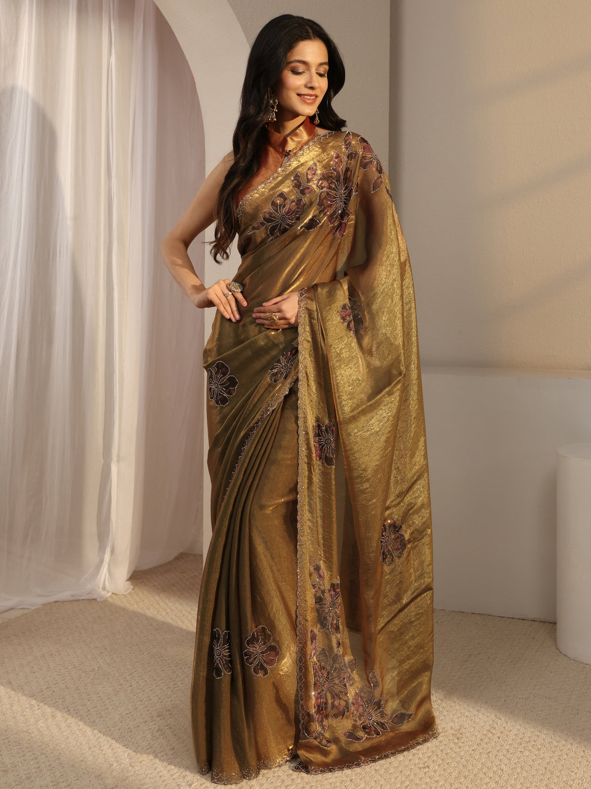Golden Embellished Tissue Saree With Unstiched Blouse Piece