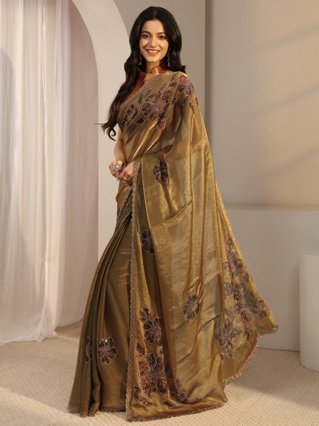 Golden Embellished Tissue Saree With Unstiched Blouse Piece