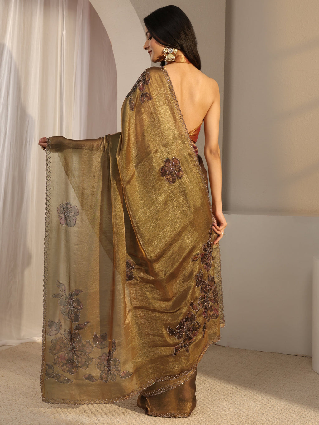 Golden Embellished Tissue Saree With Unstiched Blouse Piece