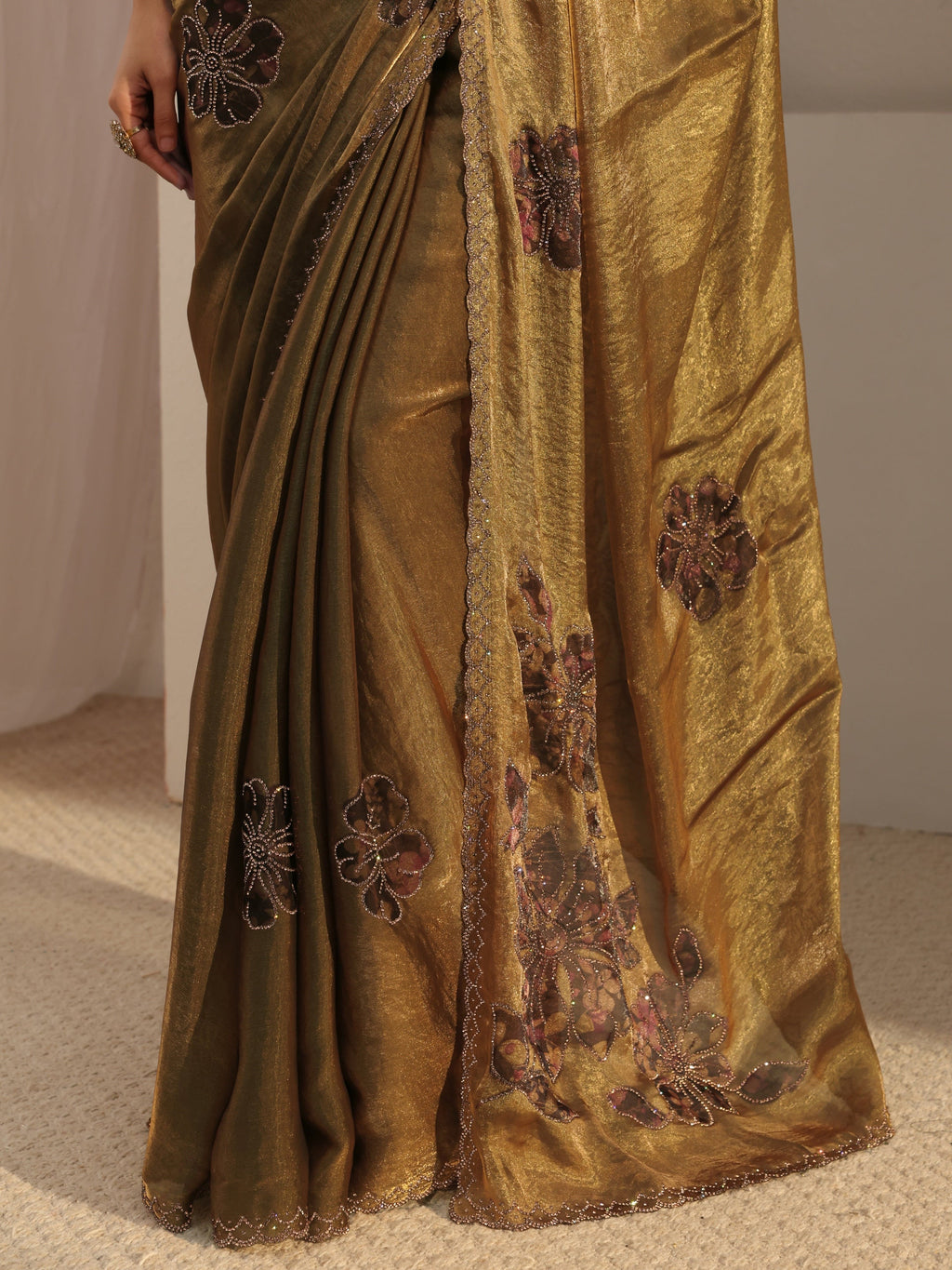 Golden Embellished Tissue Saree With Unstiched Blouse Piece
