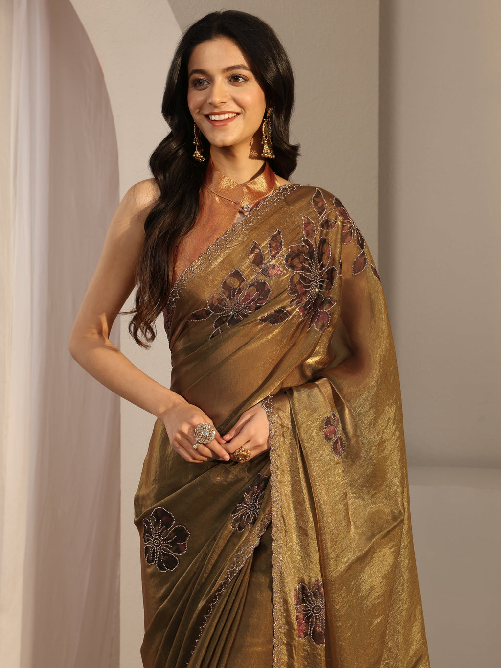 Golden Embellished Tissue Saree With Unstiched Blouse Piece