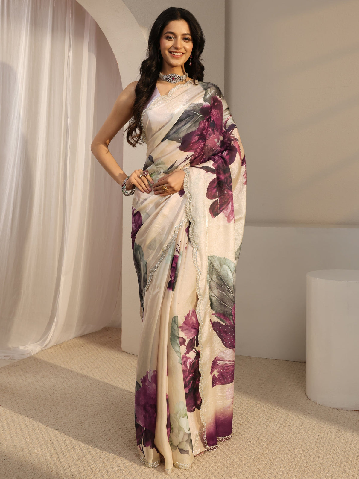 Ivory Embellished Tissue Saree With Unstiched Blouse Piece