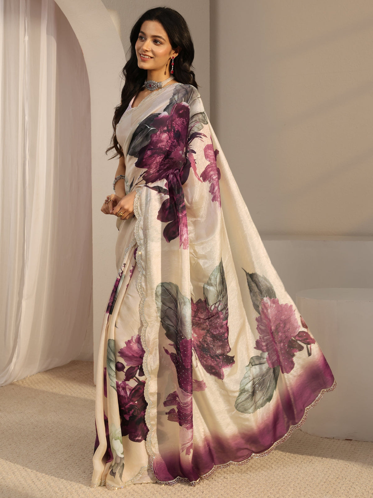 Ivory Embellished Tissue Saree With Unstiched Blouse Piece