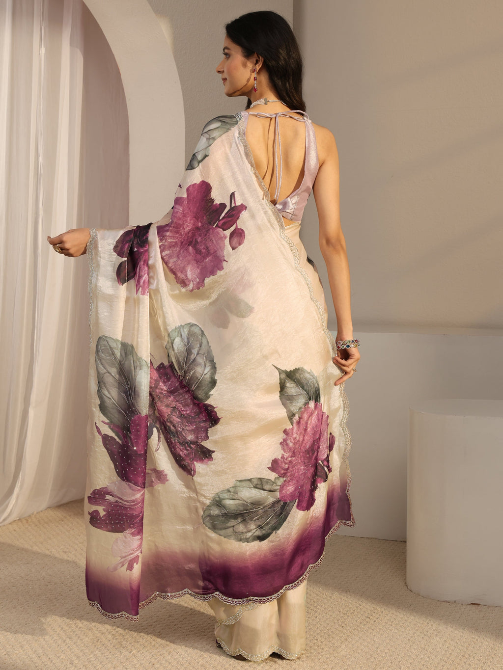 Ivory Embellished Tissue Saree With Unstiched Blouse Piece