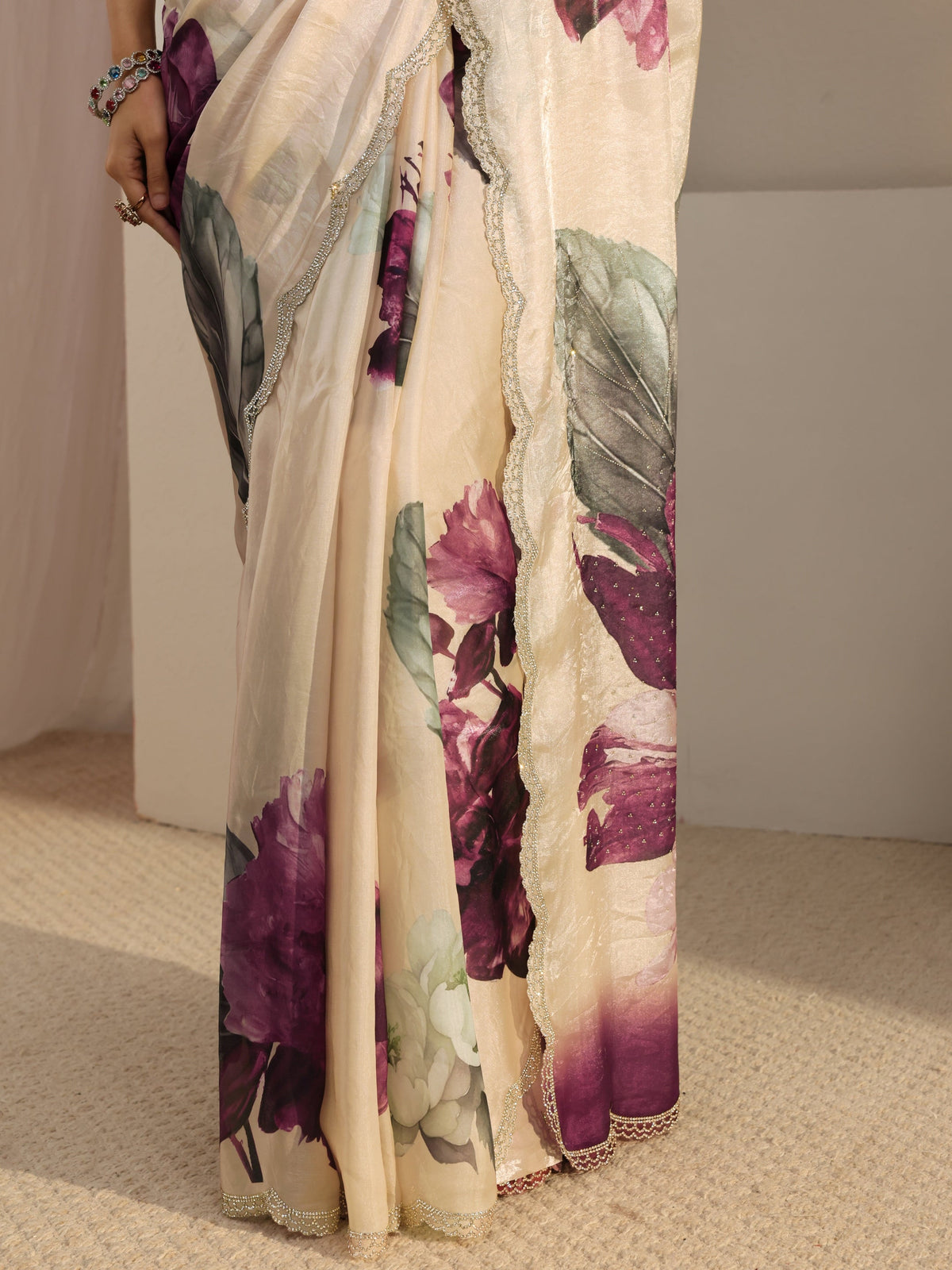 Ivory Embellished Tissue Saree With Unstiched Blouse Piece