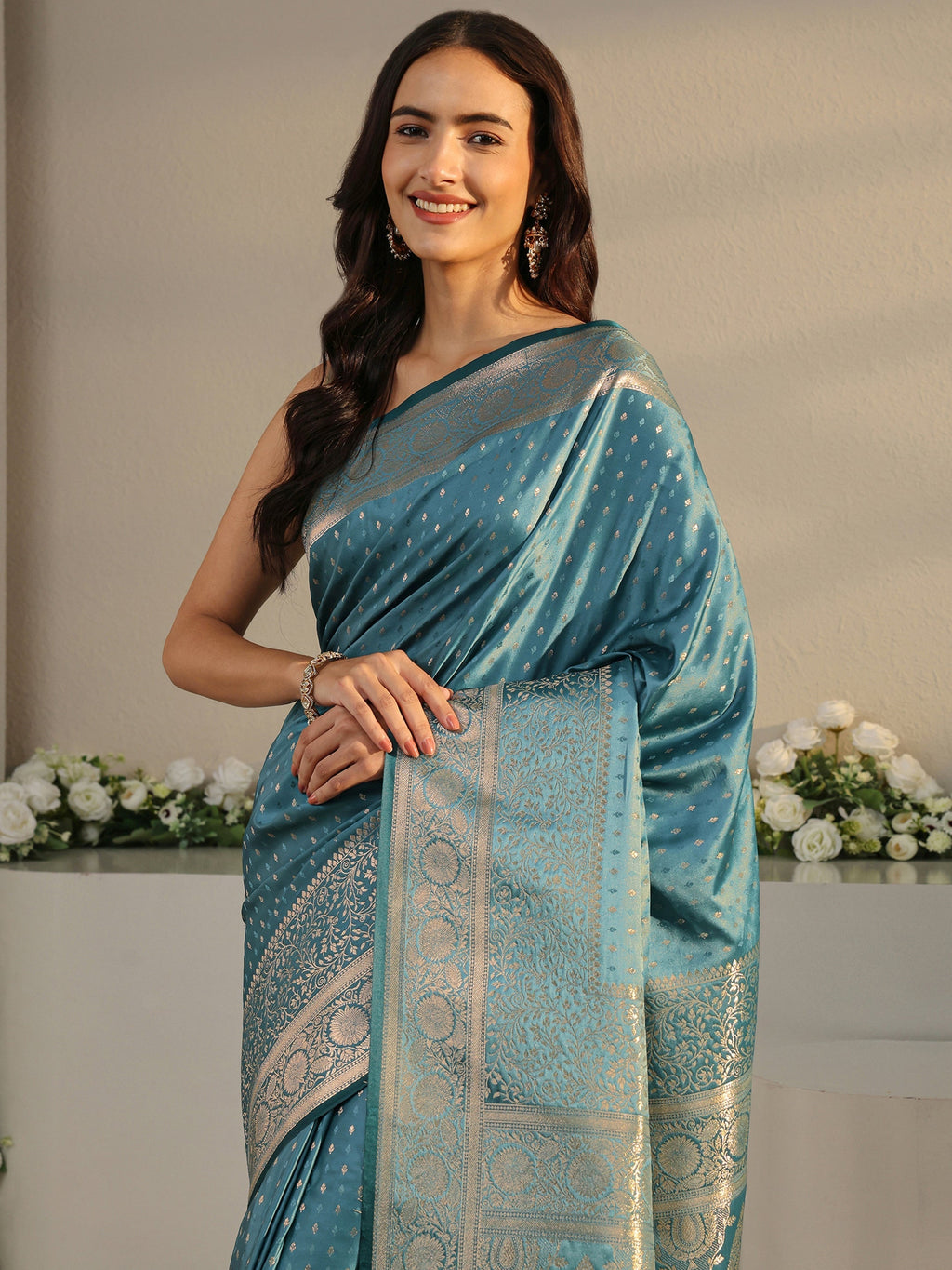 Teal Ethnic Woven Design Silk Blend Saree With Unstitched Blouse Piece