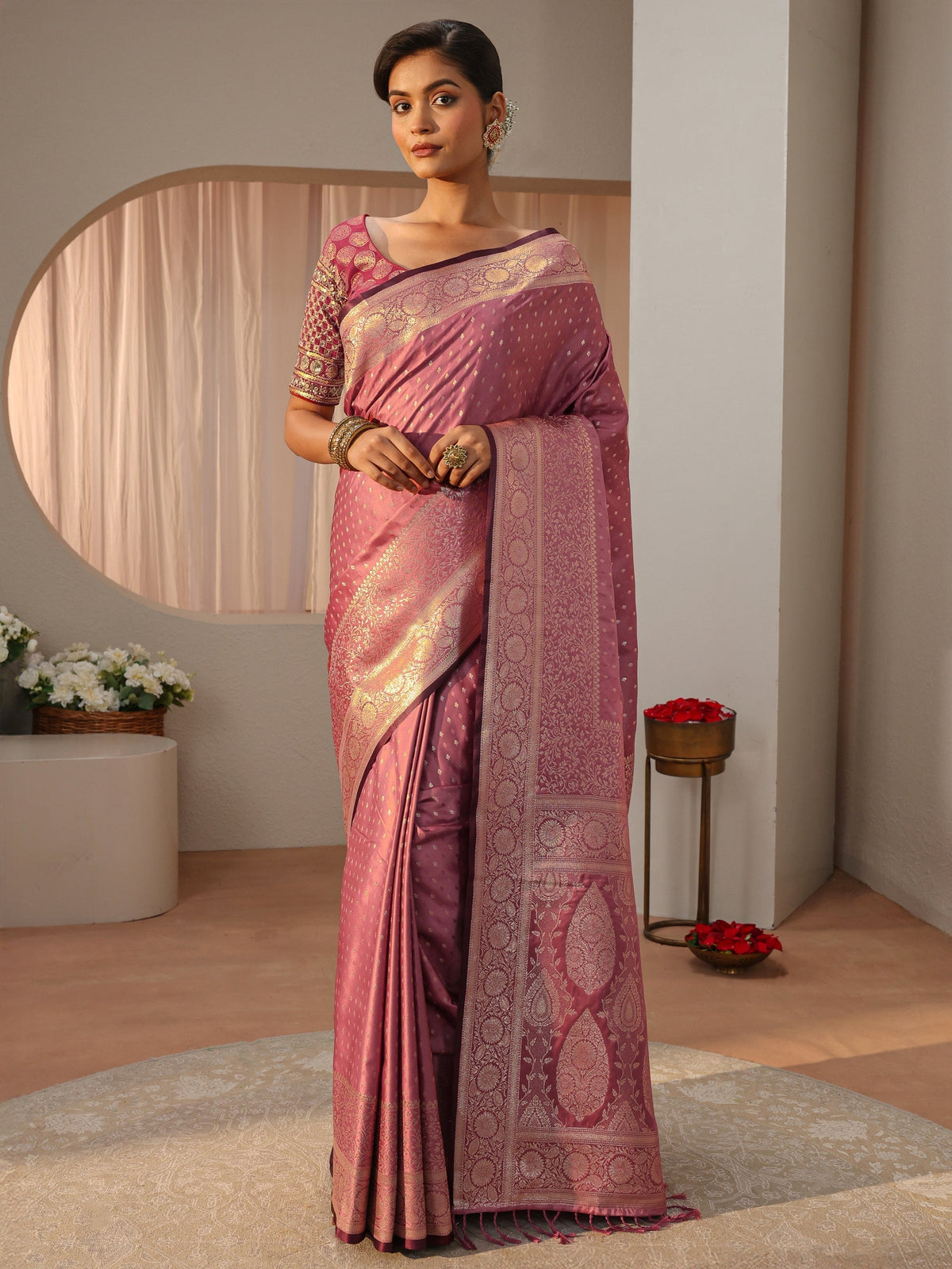 Pink Kanjeevaram Silk Blend Saree