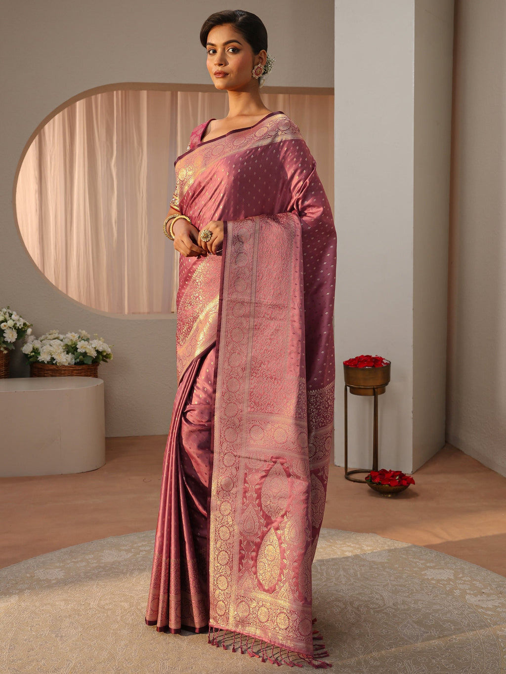 Pink Kanjeevaram Silk Blend Saree