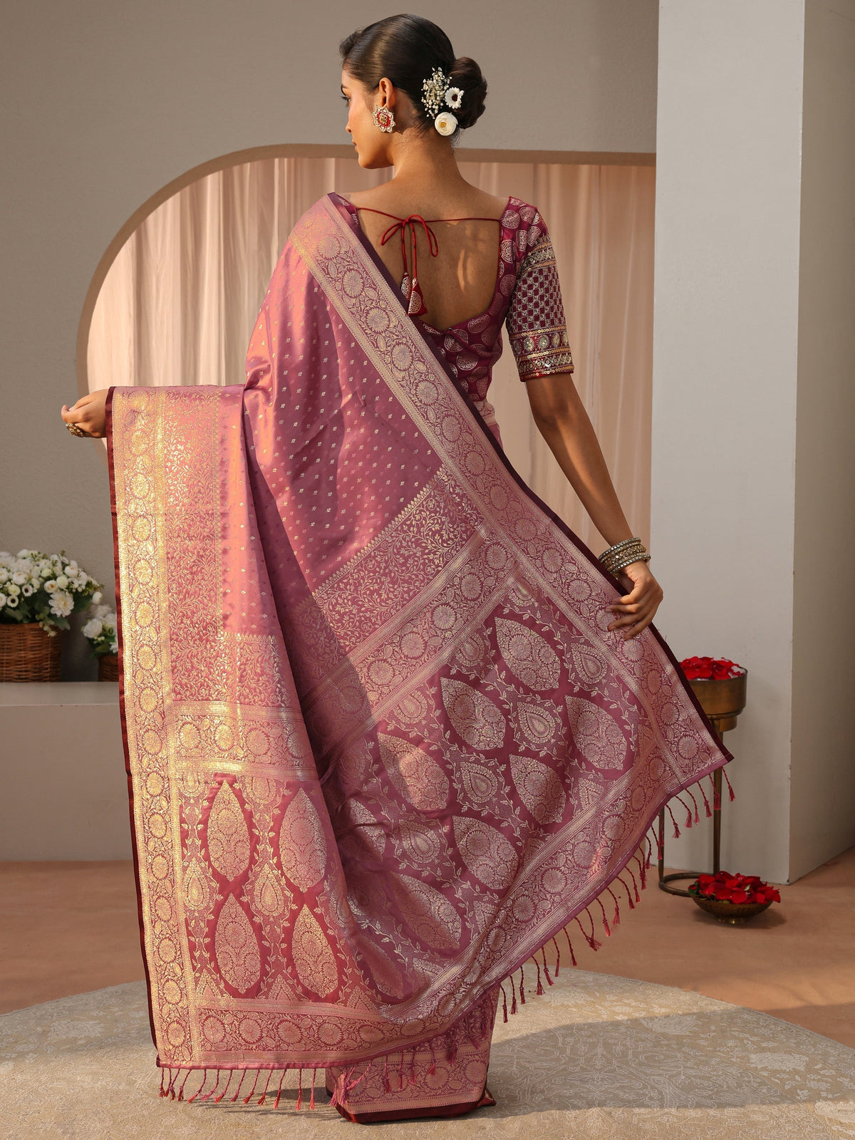 Pink Kanjeevaram Silk Blend Saree