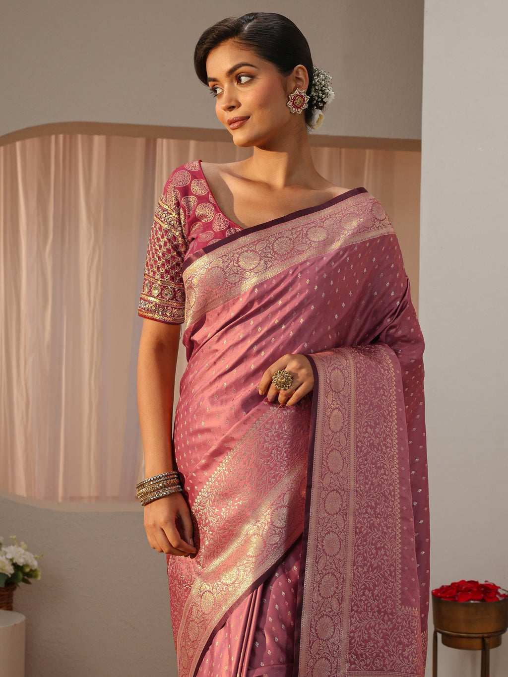 Pink Kanjeevaram Silk Blend Saree