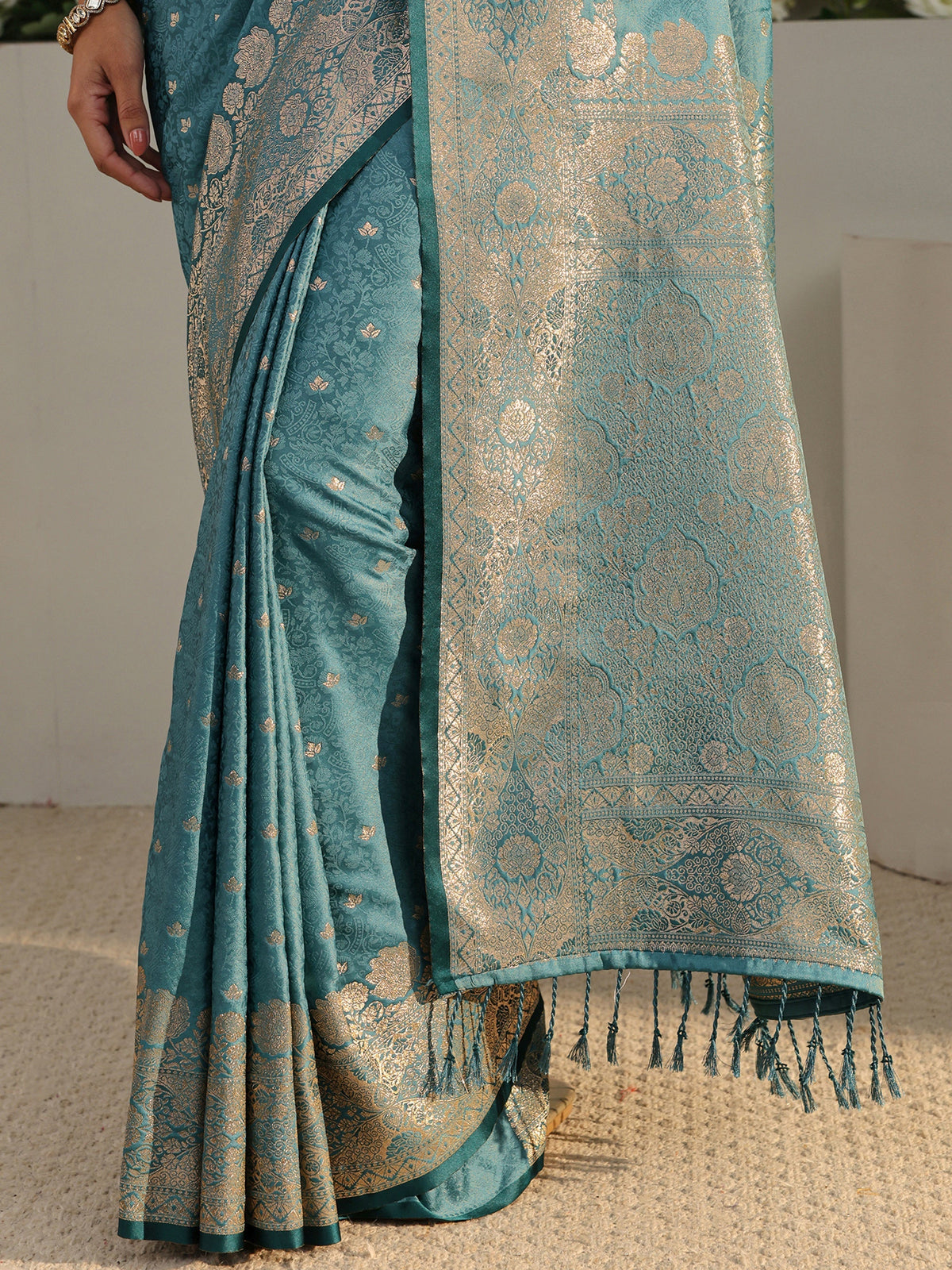 Teal Floral Woven Design Silk Blend Saree With Unstitched Blouse Piece