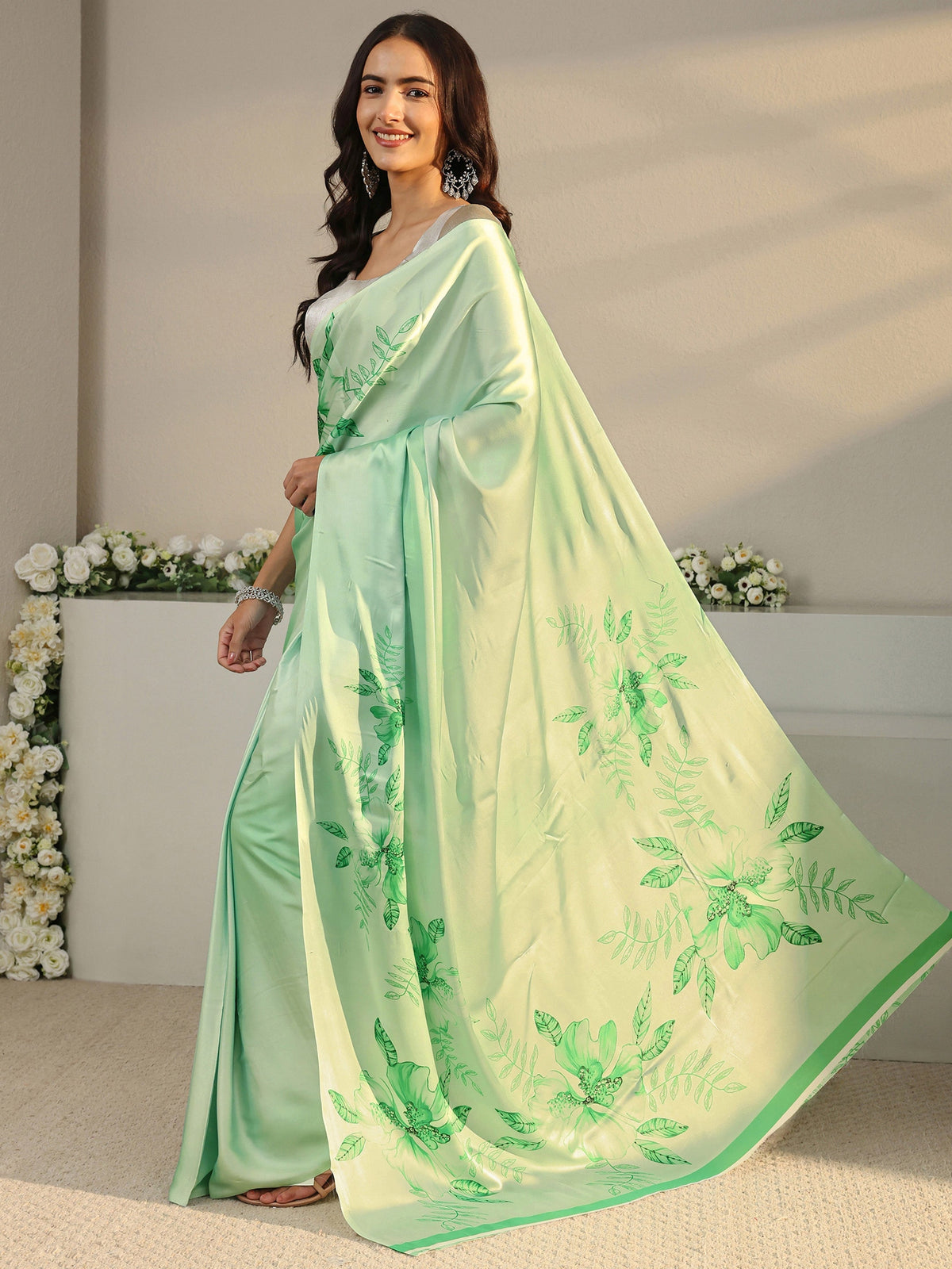 Green Floral Printed Satin Saree With Unstitched Blouse Piece