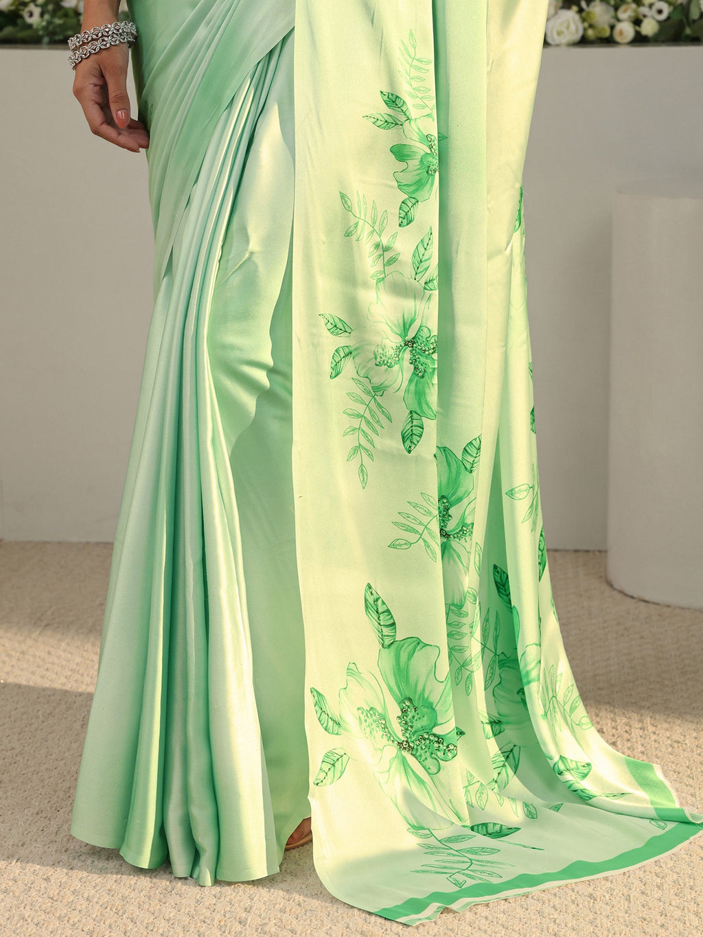 Green Floral Printed Satin Saree With Unstitched Blouse Piece
