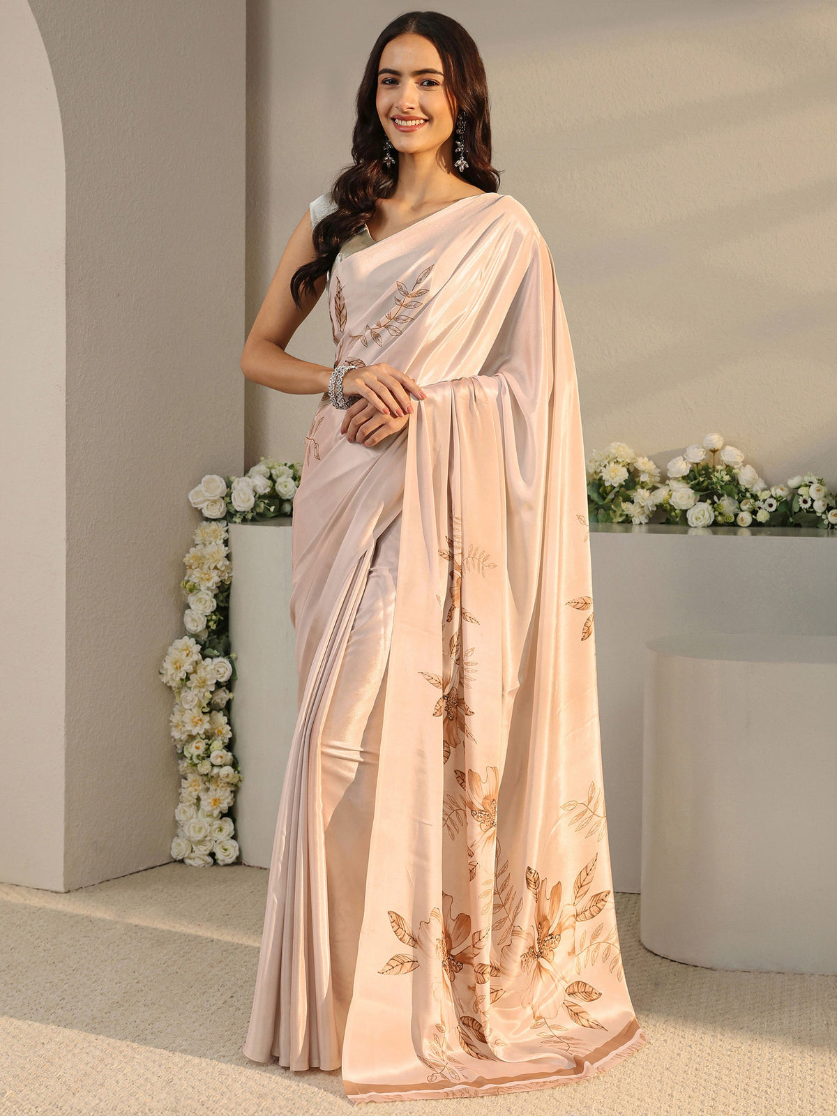 Ivory Floral Printed Satin Saree With Unstitched Blouse Piece