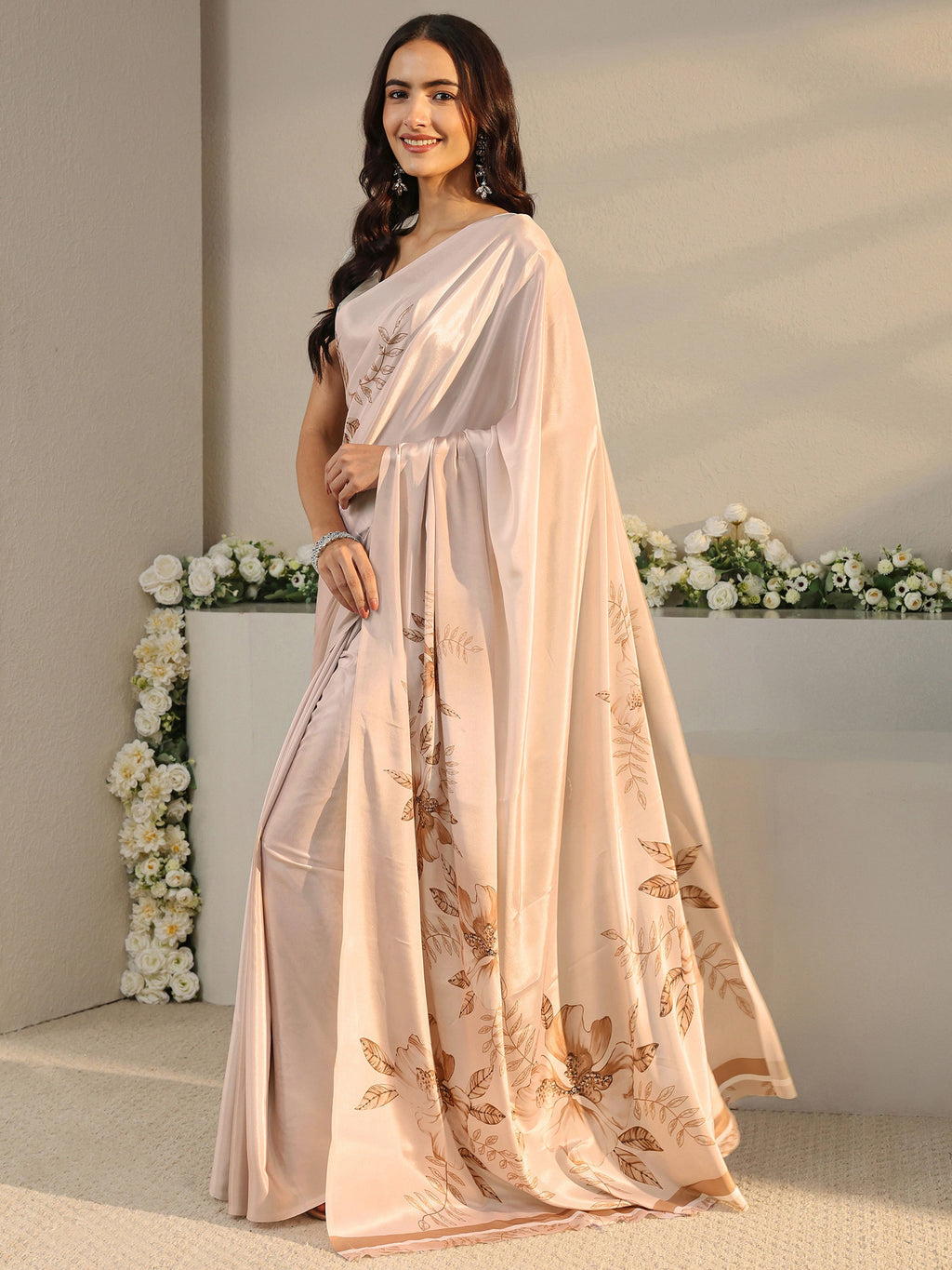 Ivory Floral Printed Satin Saree With Unstitched Blouse Piece