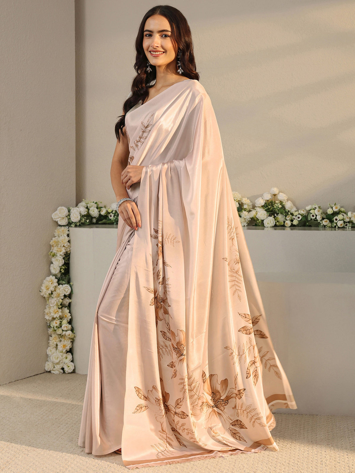 Ivory Floral Printed Satin Saree With Unstitched Blouse Piece