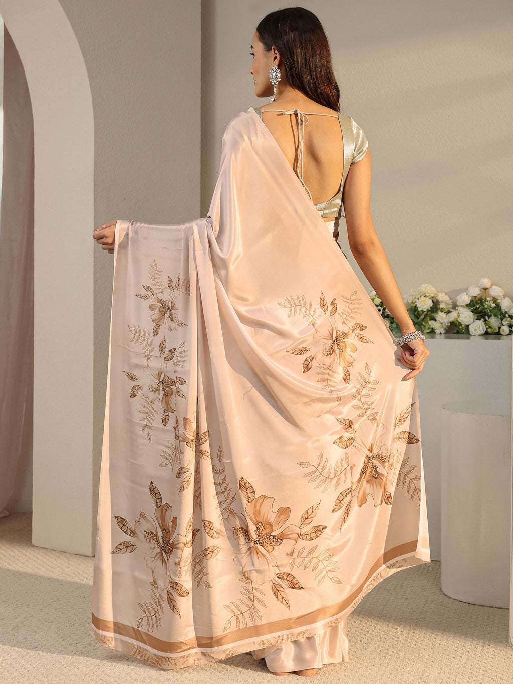 Ivory Floral Printed Satin Saree With Unstitched Blouse Piece