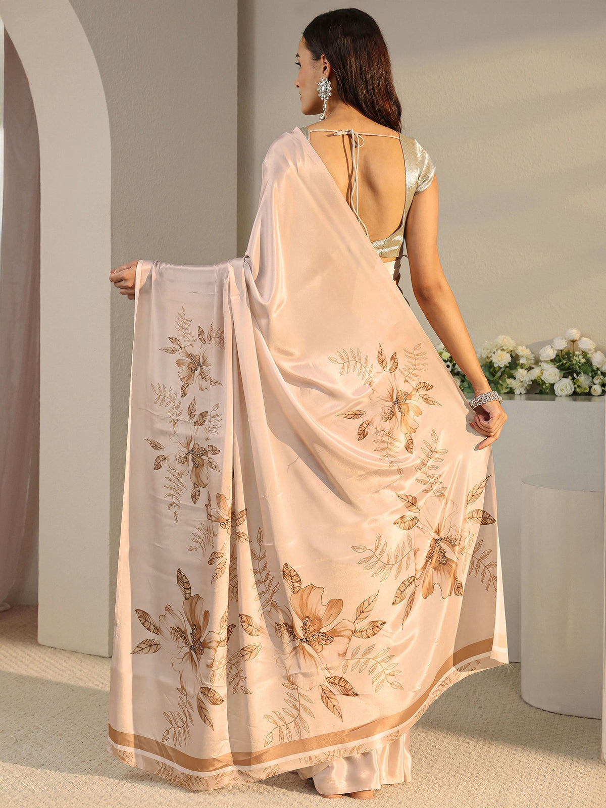 Ivory Floral Printed Satin Saree With Unstitched Blouse Piece