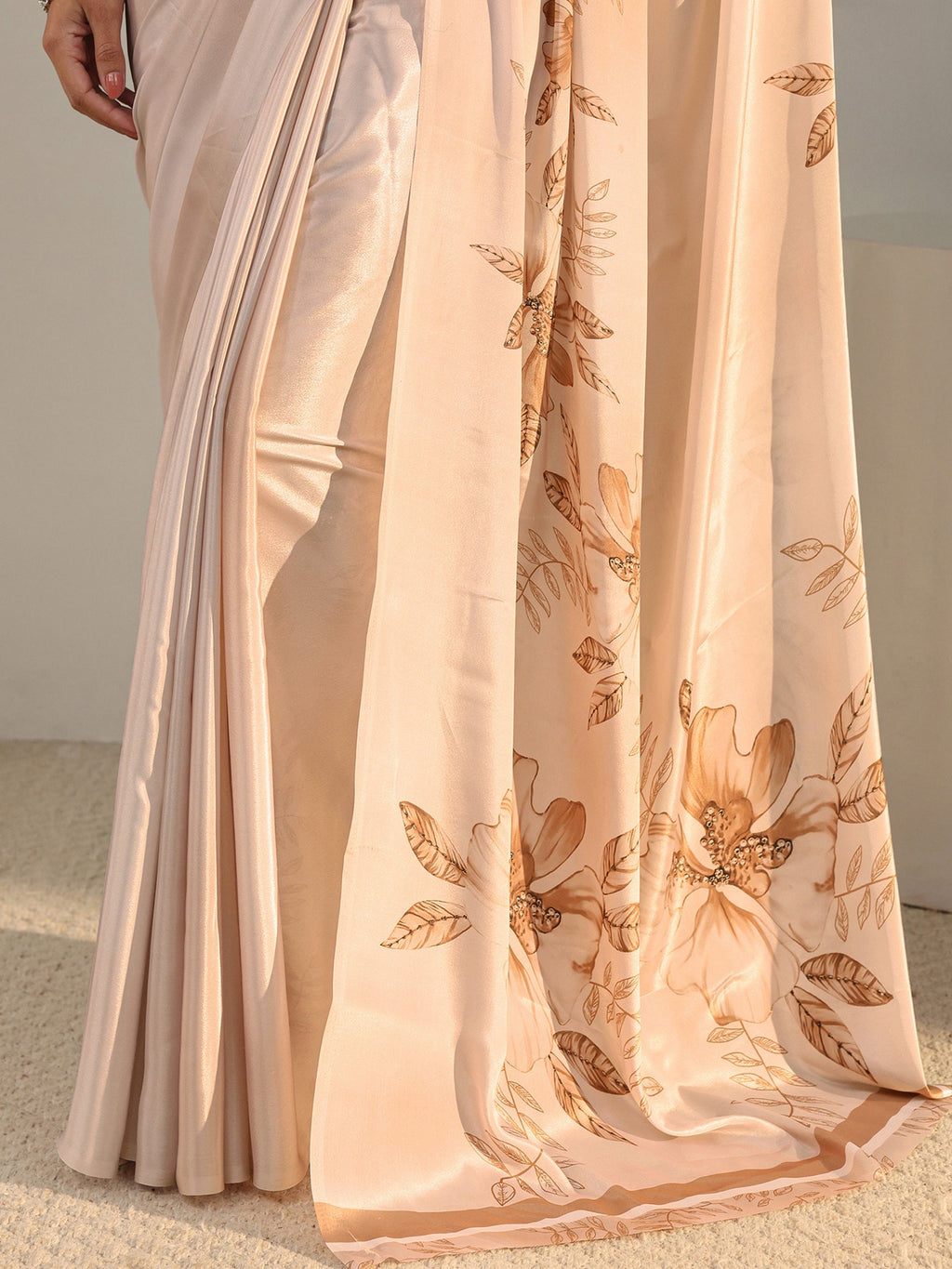 Ivory Floral Printed Satin Saree With Unstitched Blouse Piece