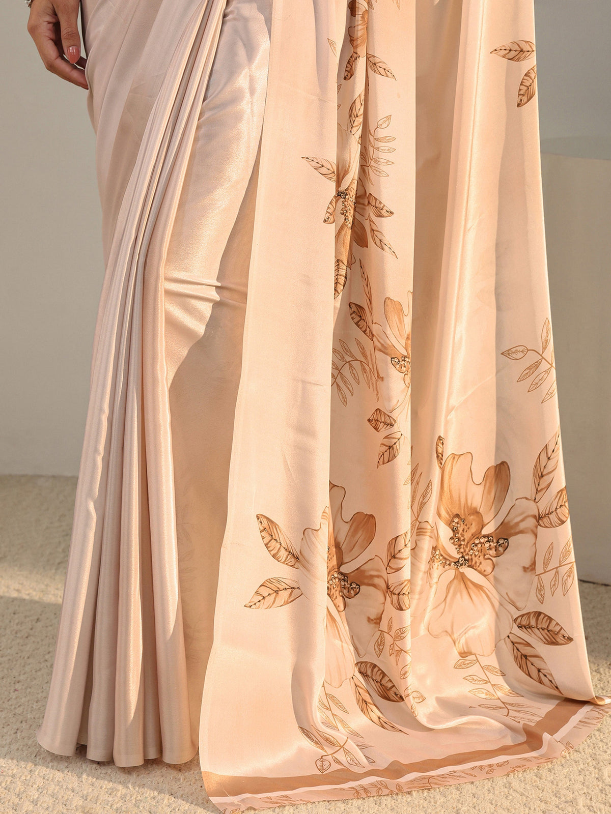 Ivory Floral Printed Satin Saree With Unstitched Blouse Piece