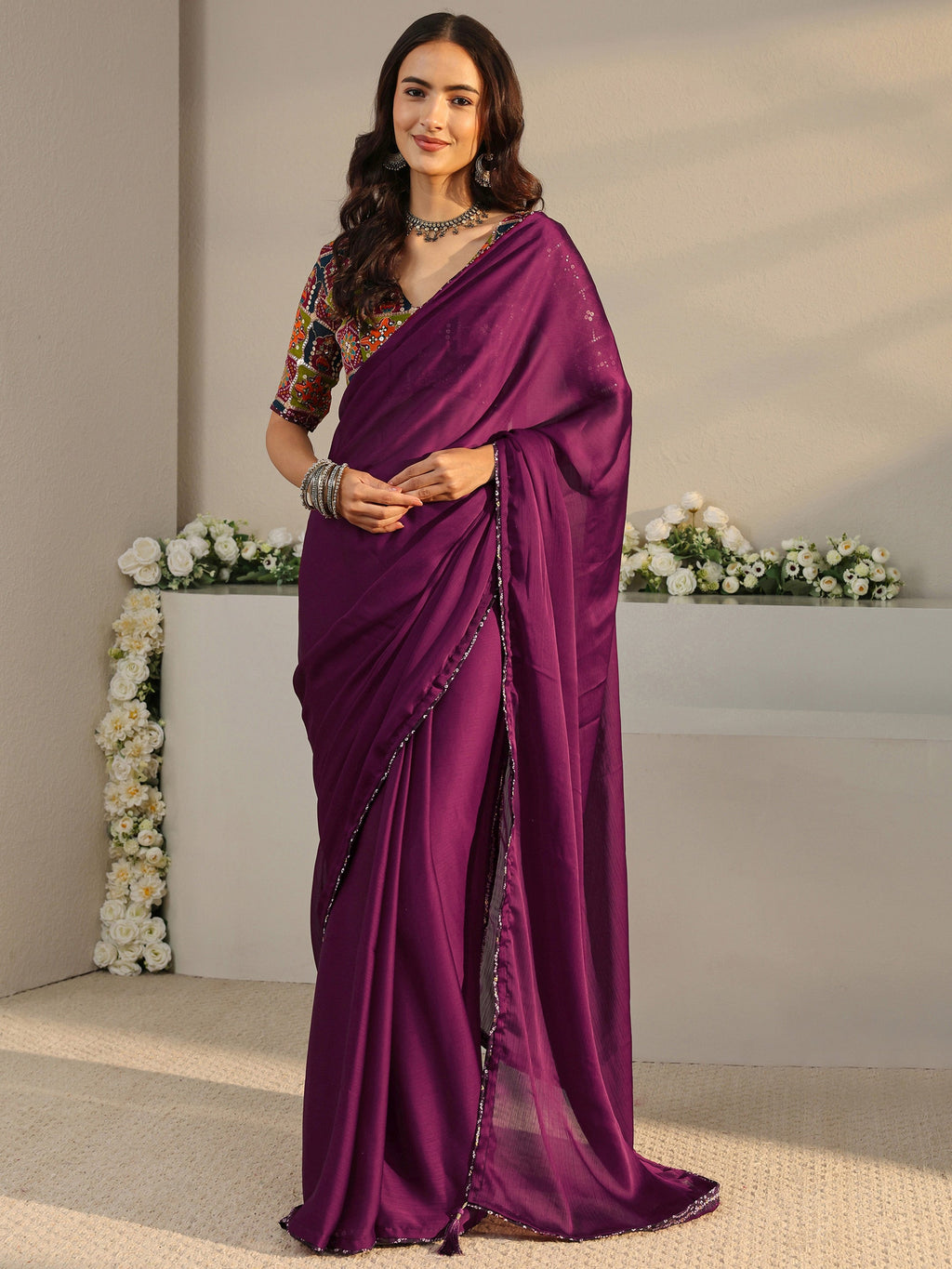 Burgundy Solid Chiffon Saree With Unstitched Blouse Piece