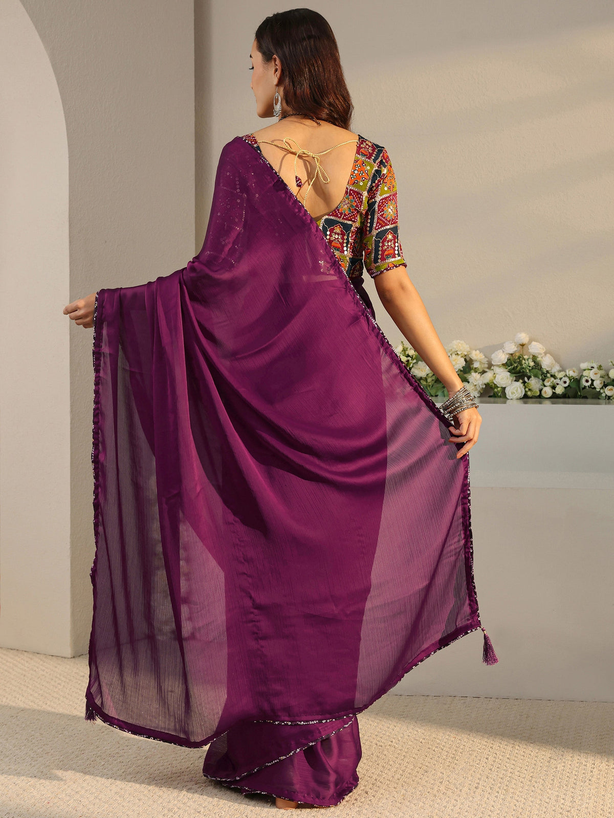 Burgundy Solid Chiffon Saree With Unstitched Blouse Piece