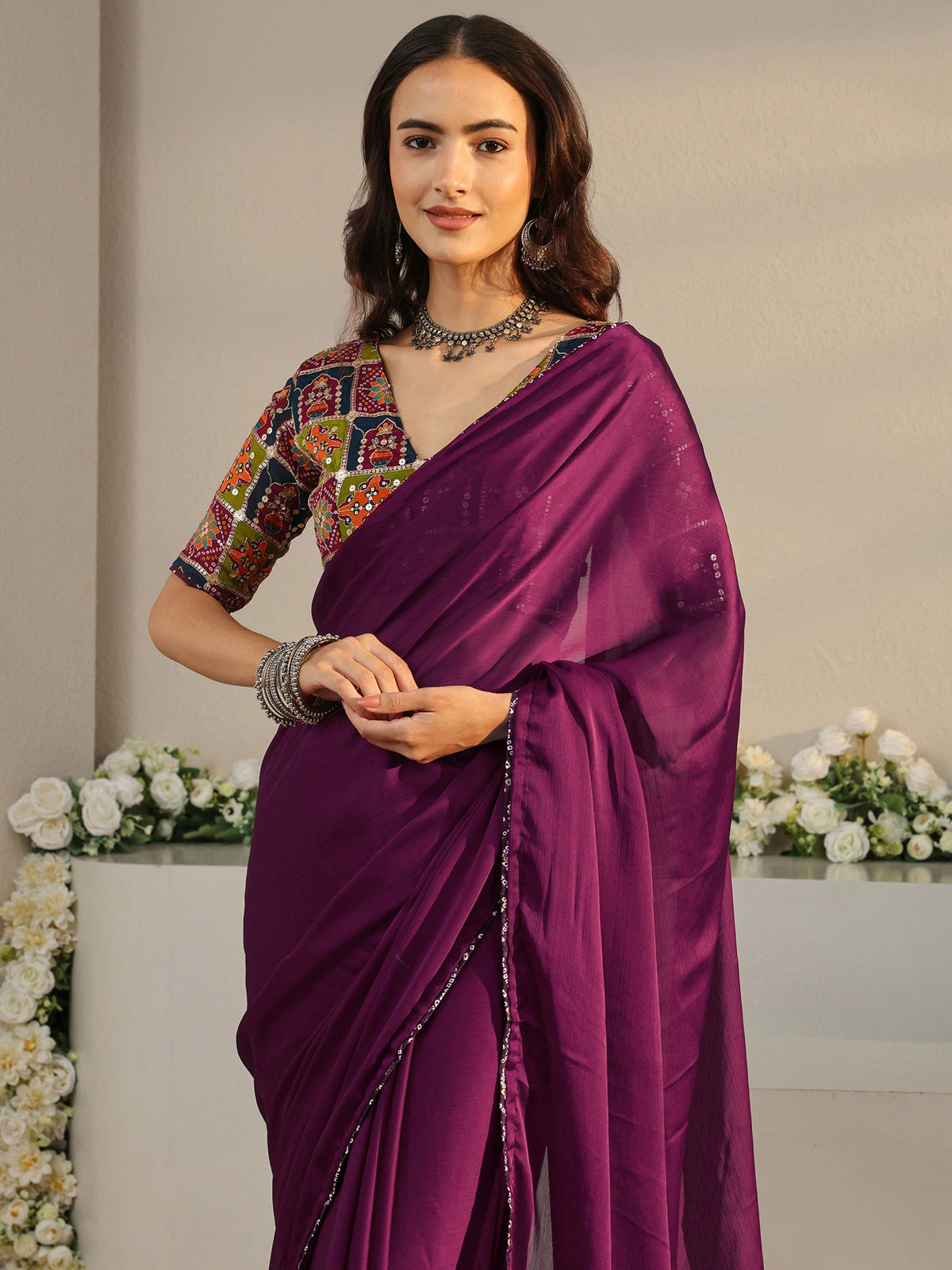 Burgundy Solid Chiffon Saree With Unstitched Blouse Piece