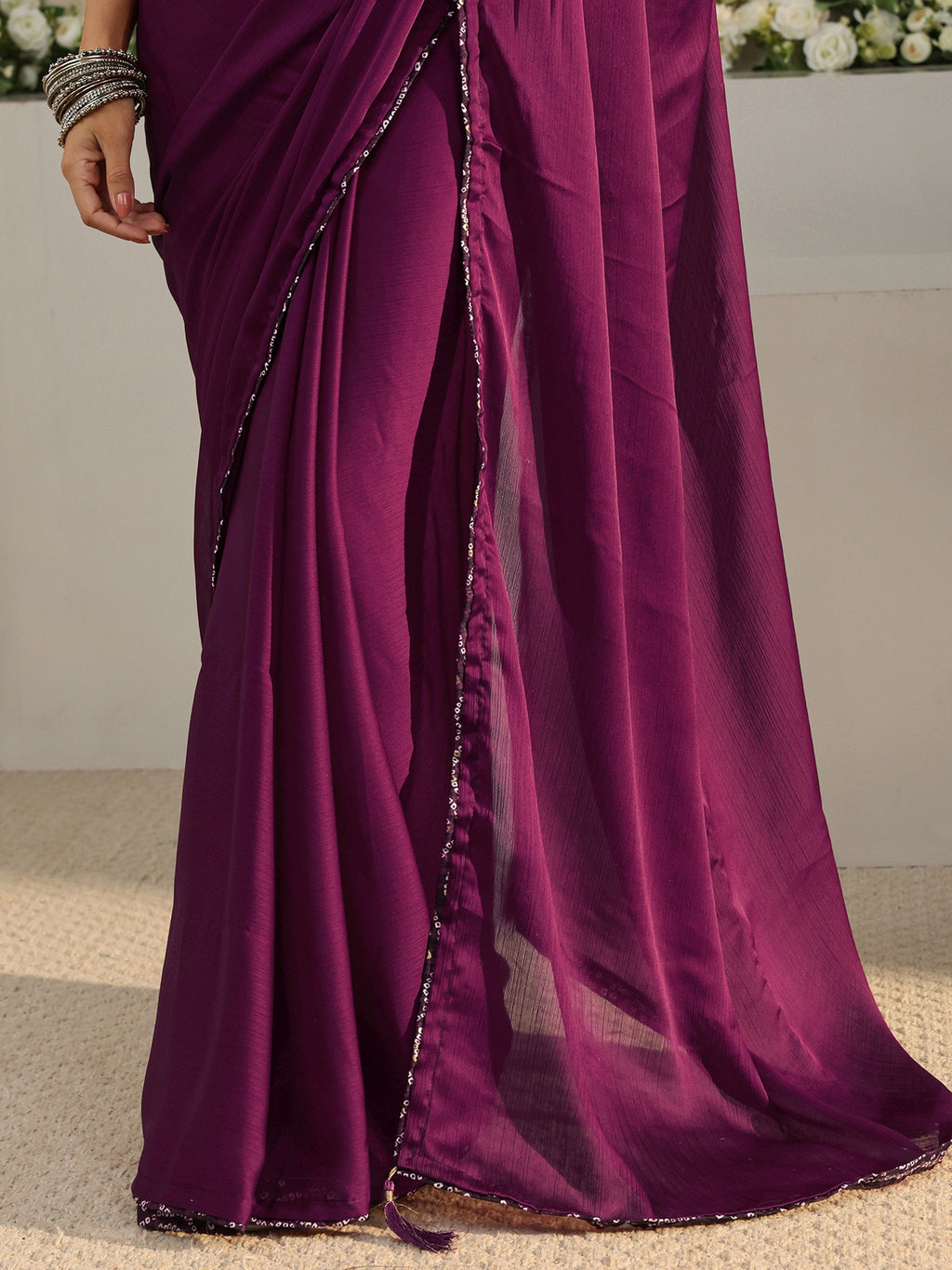 Burgundy Solid Chiffon Saree With Unstitched Blouse Piece