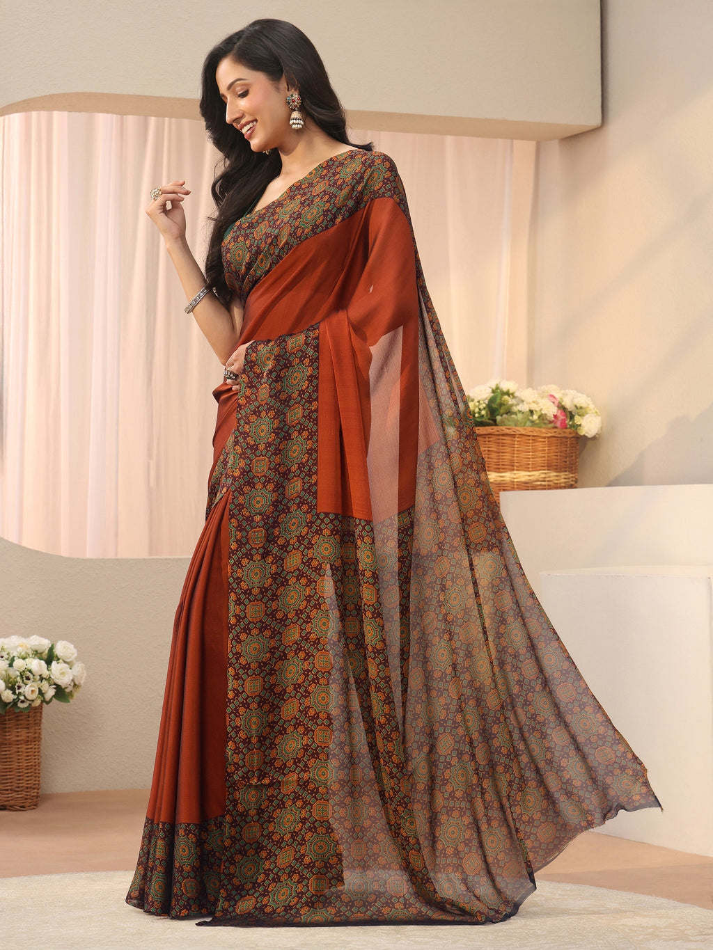 Rust Chiffon Saree with Printed Border