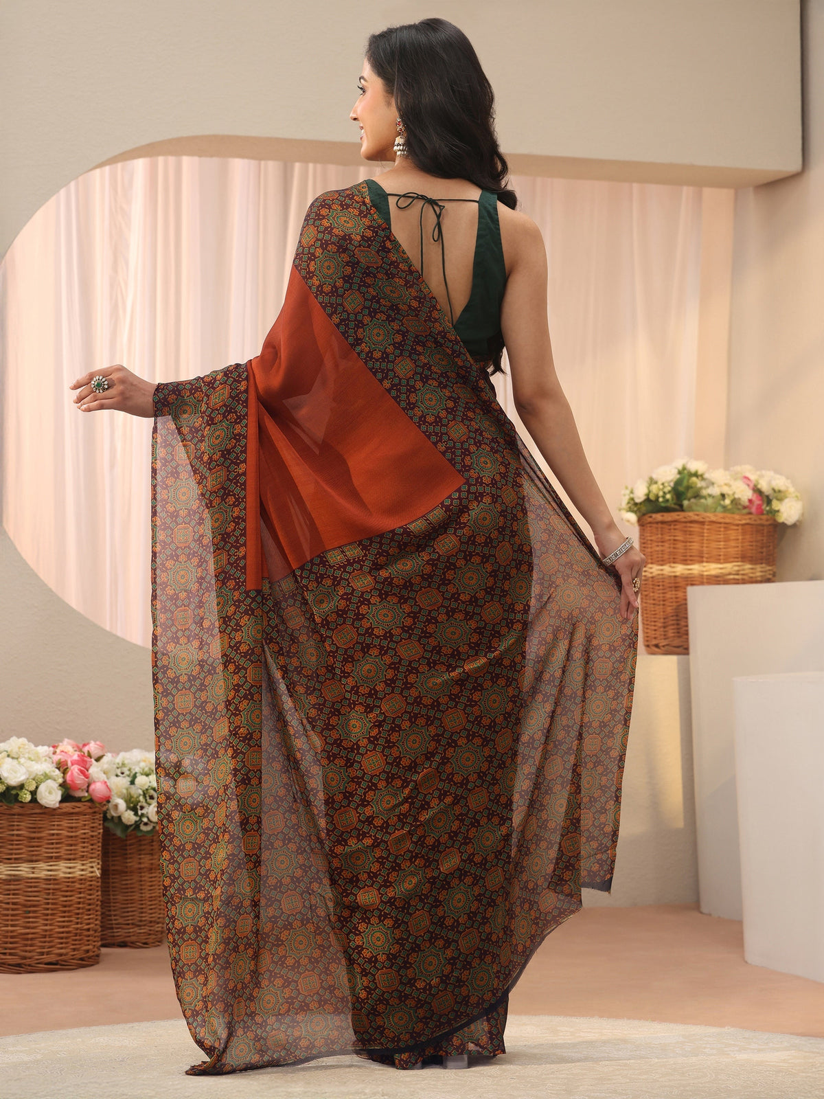 Rust Chiffon Saree with Printed Border