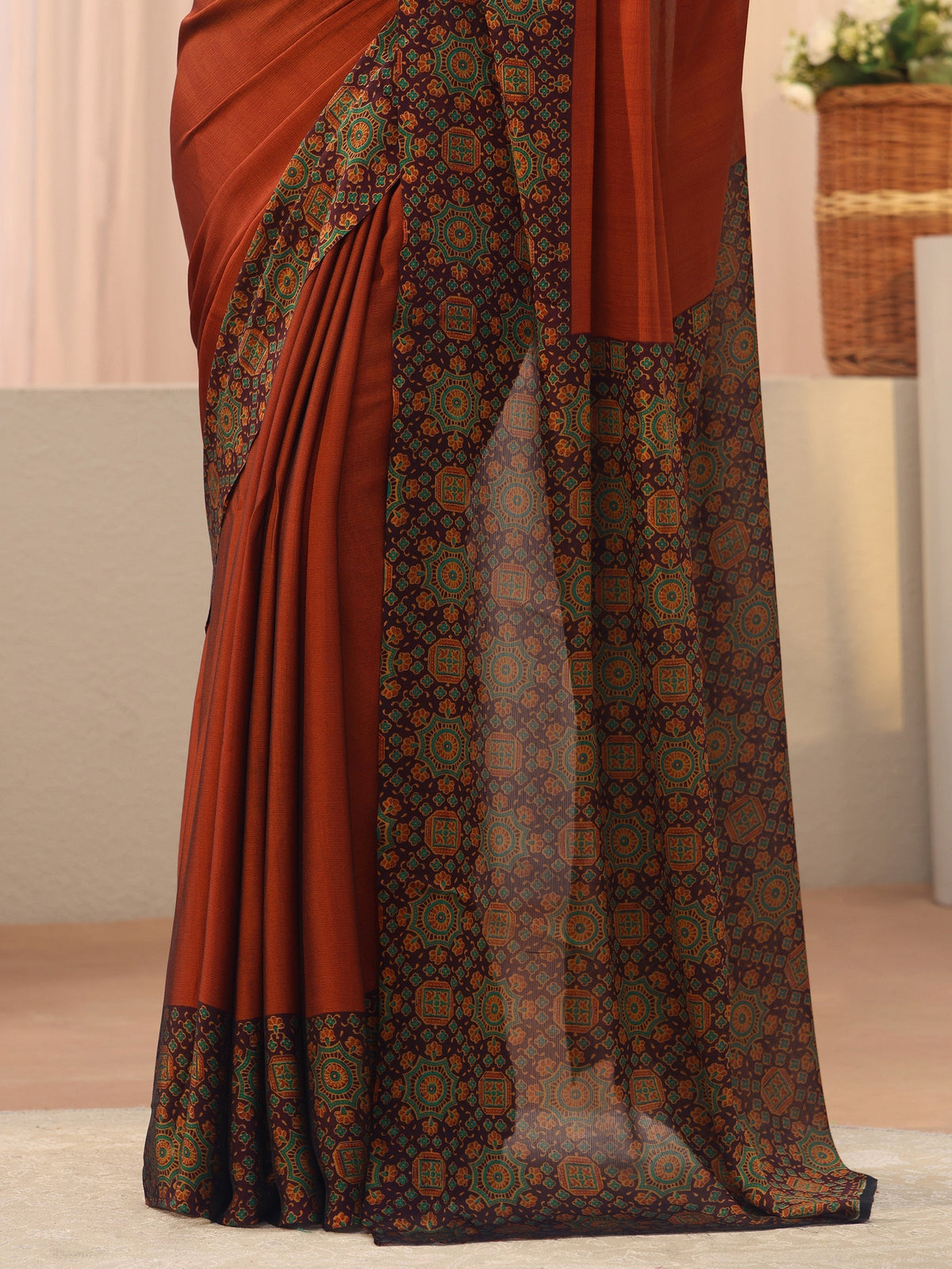 Rust Chiffon Saree with Printed Border
