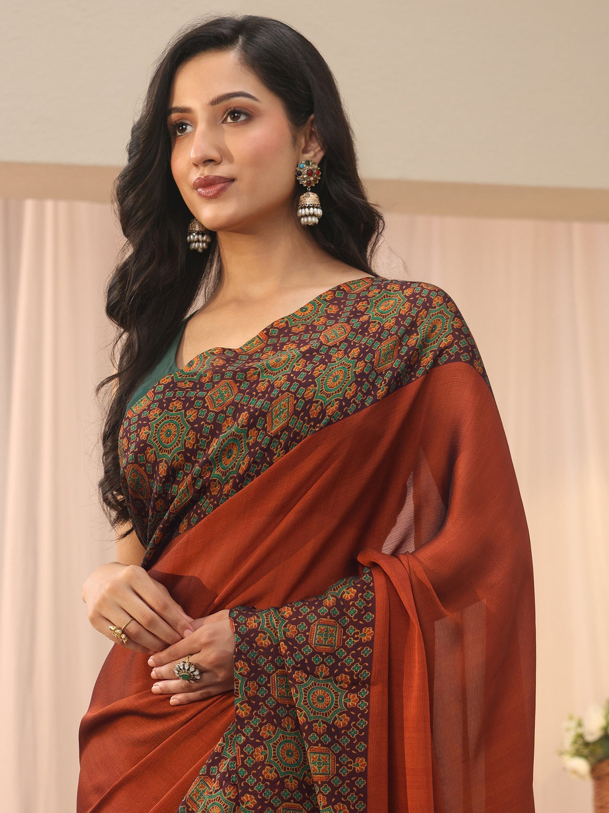 Rust Chiffon Saree with Printed Border