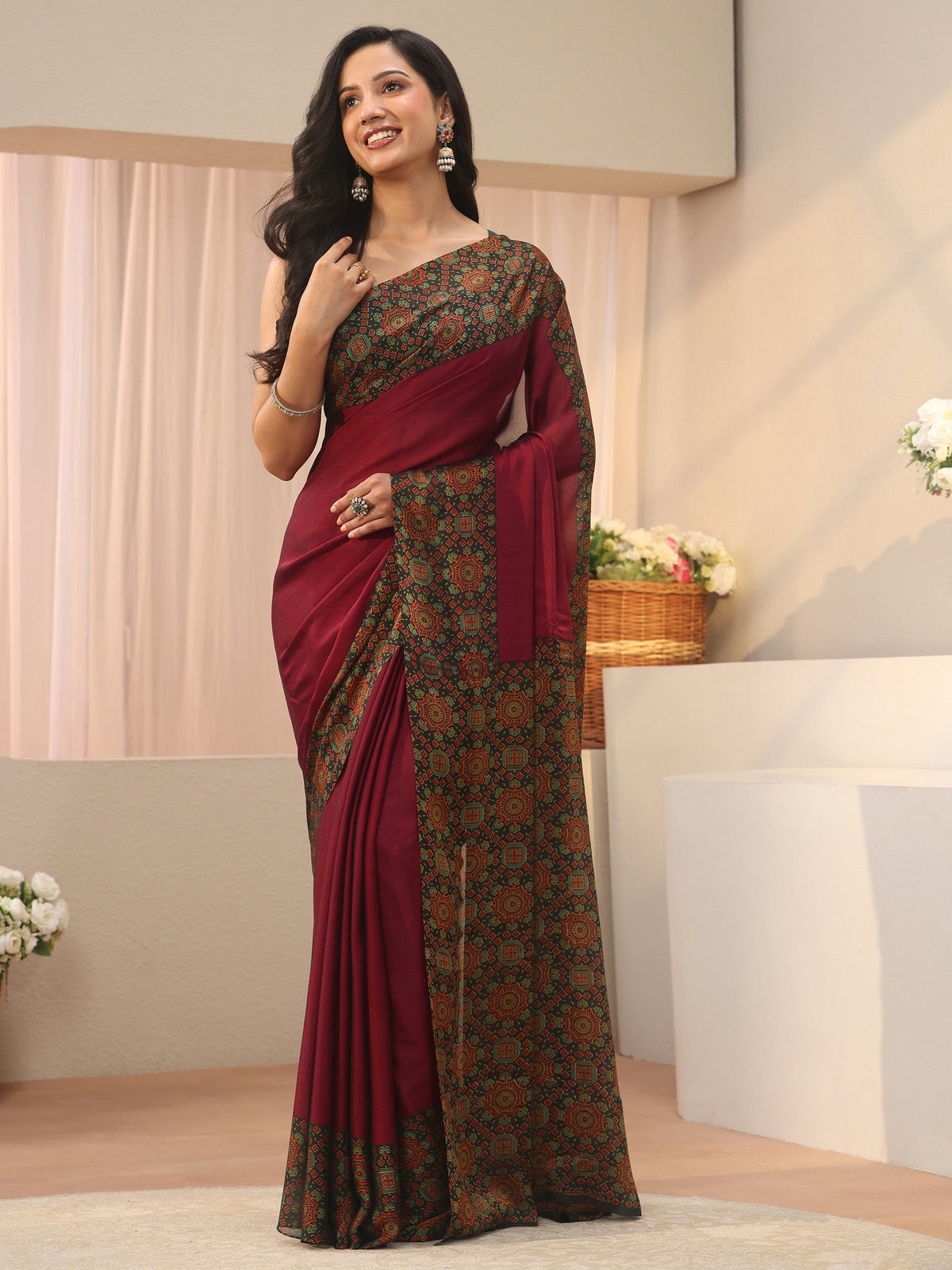 Maroon Chiffon Saree with Printed Border