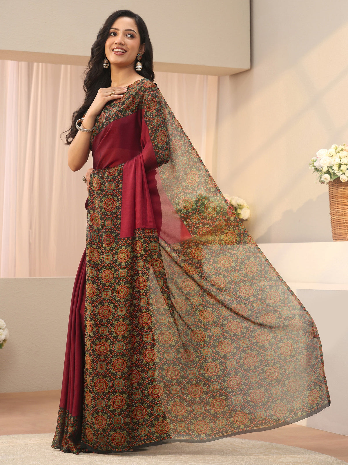 Maroon Chiffon Saree with Printed Border