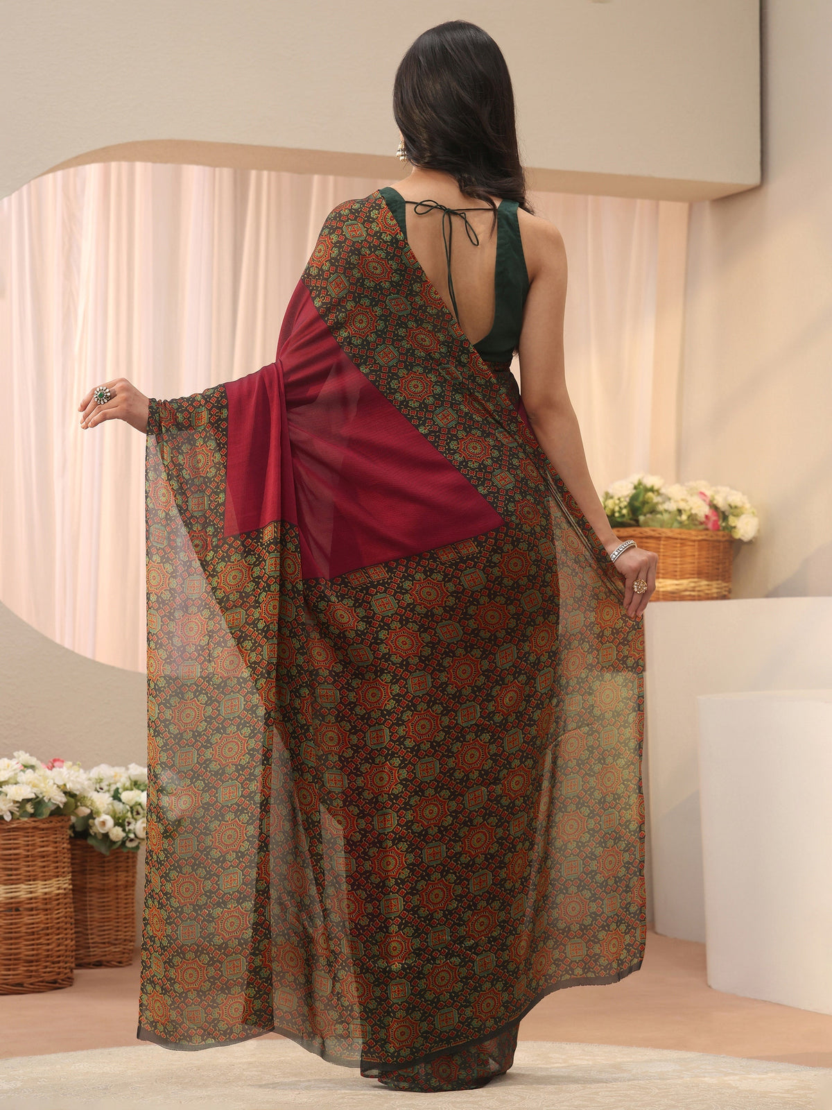 Maroon Chiffon Saree with Printed Border
