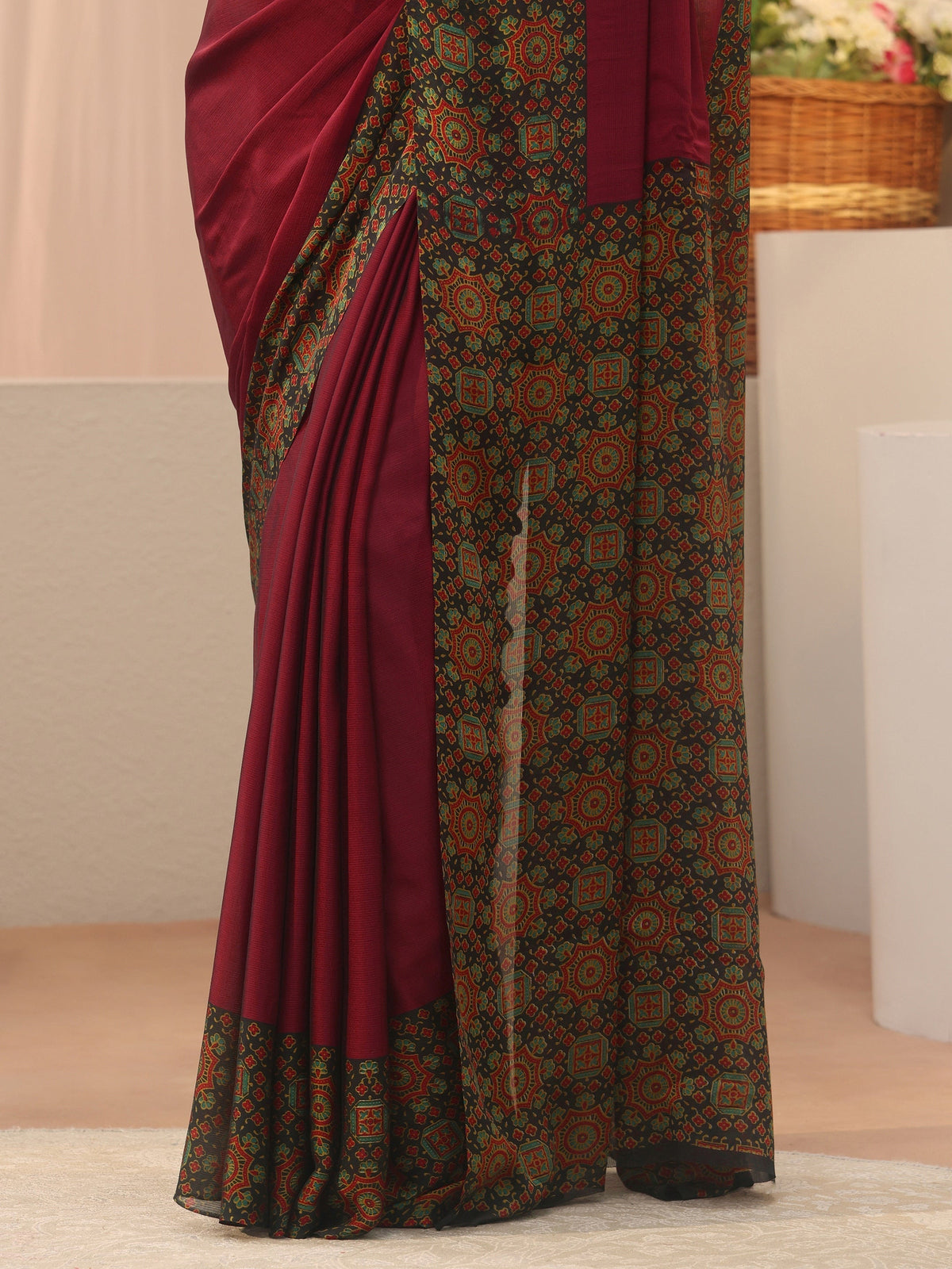 Maroon Chiffon Saree with Printed Border