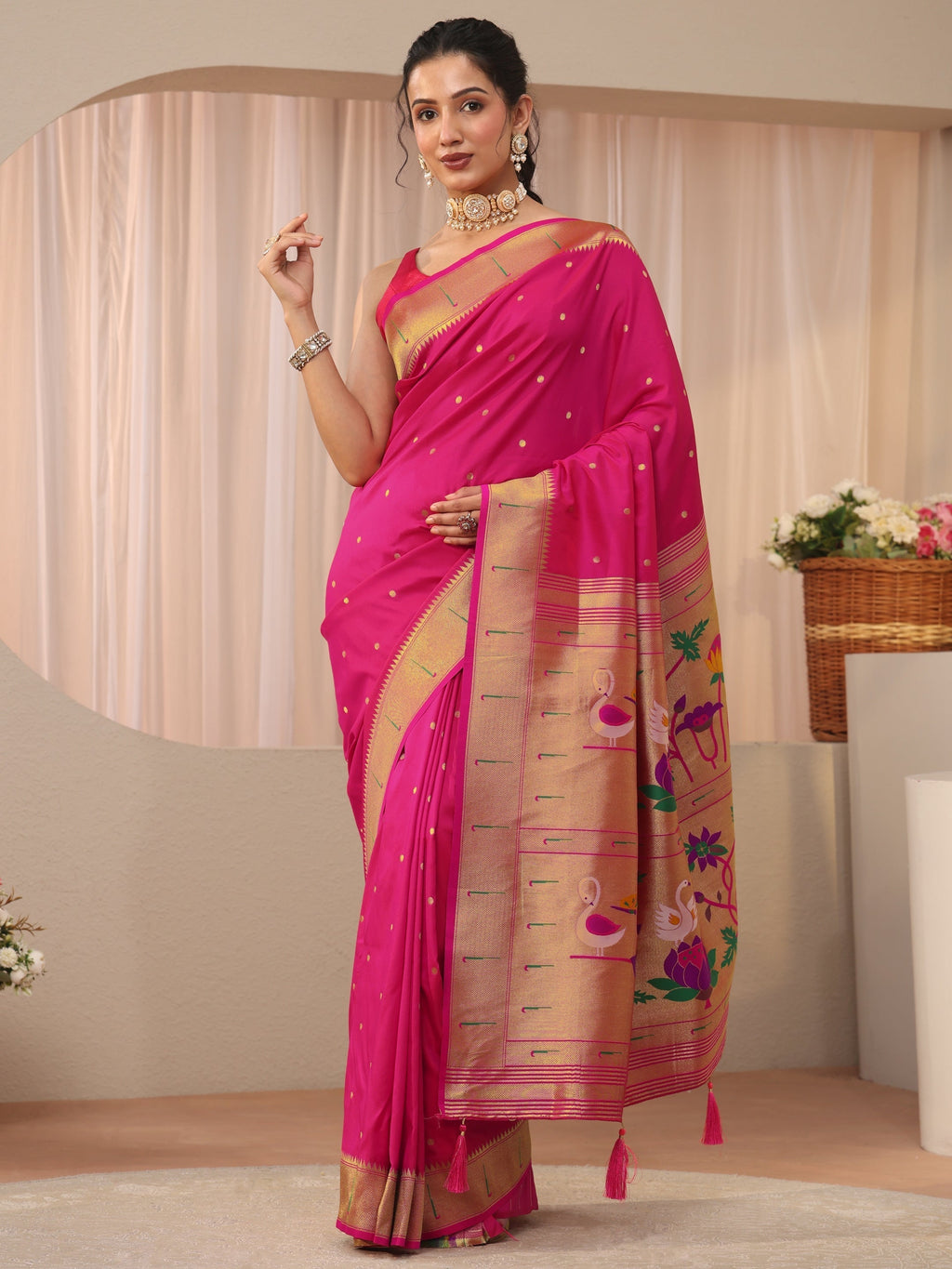 Pink Silk Blend Paithani Saree