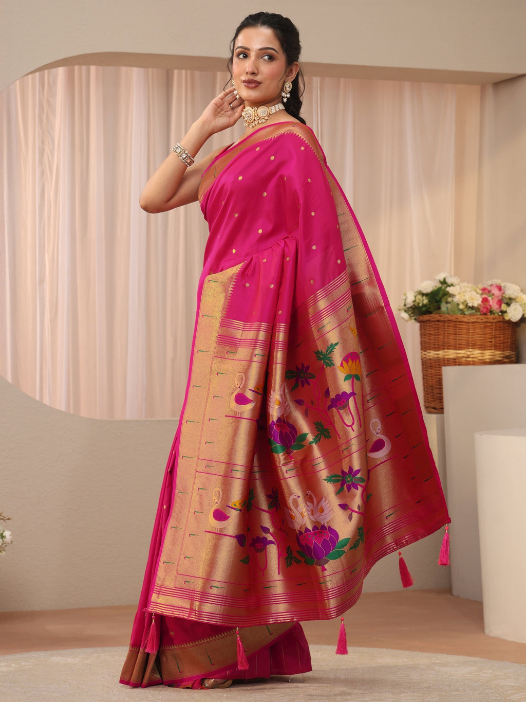 Pink Silk Blend Paithani Saree